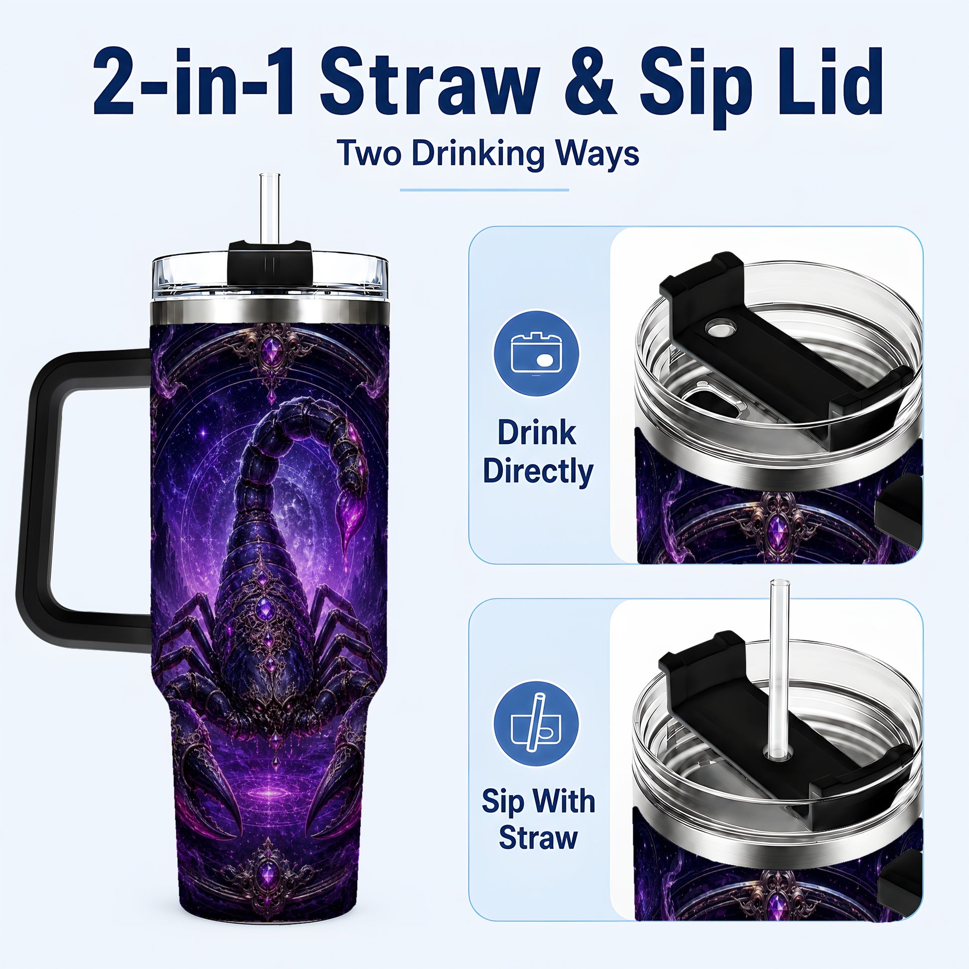 #pl[40oz|Black] Scorpio Zodiac 40oz Tumbler with Handle, Purple Celestial Scorpion