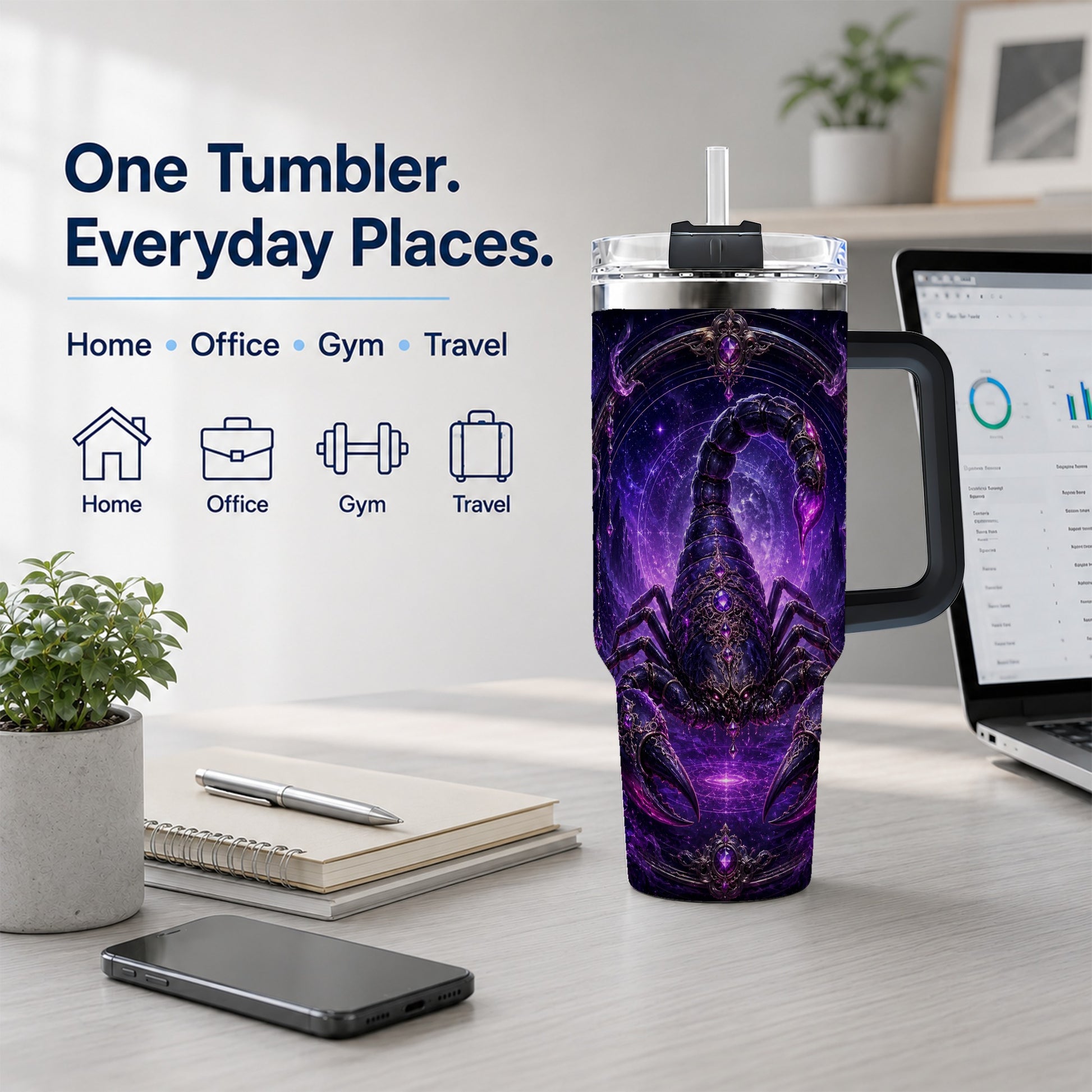 #pl[40oz|Black] Scorpio Zodiac 40oz Tumbler with Handle, Purple Celestial Scorpion