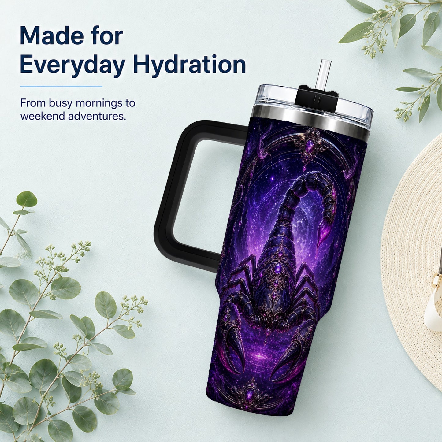 #pl[40oz|Black] Scorpio Zodiac 40oz Tumbler with Handle, Purple Celestial Scorpion