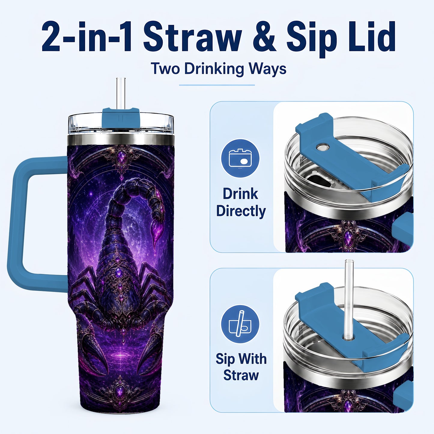 #pl[40oz|Blue] Scorpio Zodiac 40oz Tumbler with Handle, Purple Celestial Scorpion