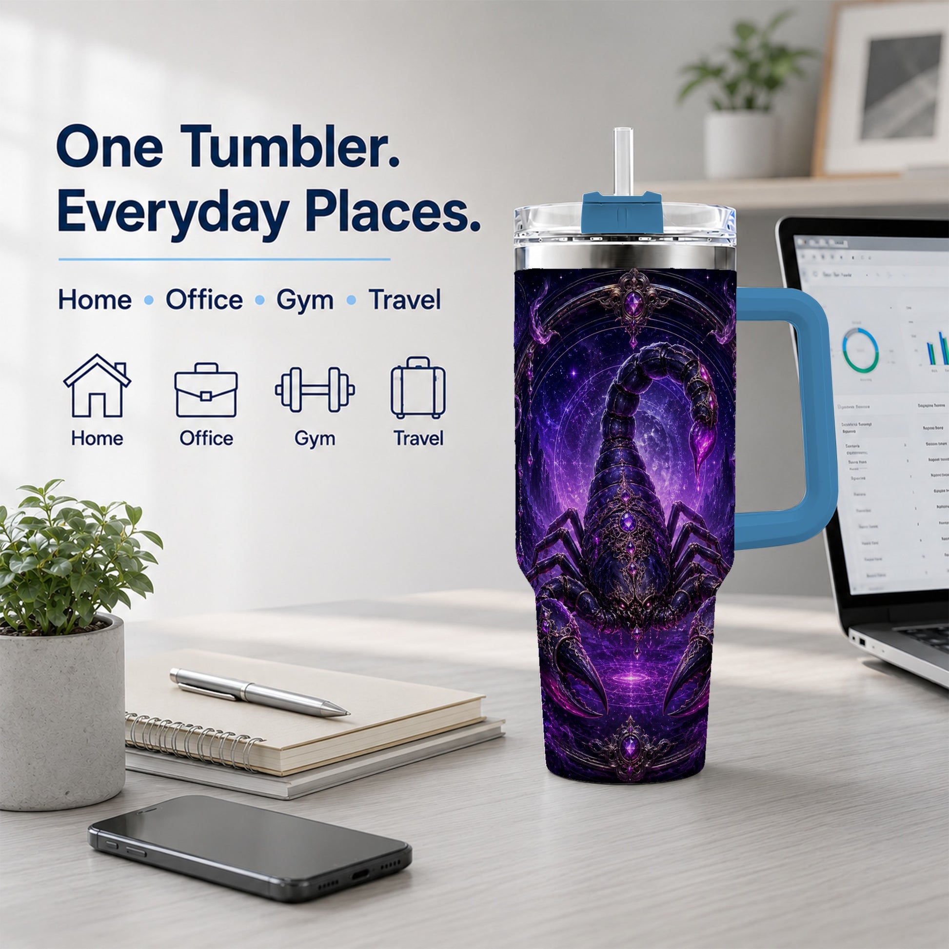 #pl[40oz|Blue] Scorpio Zodiac 40oz Tumbler with Handle, Purple Celestial Scorpion