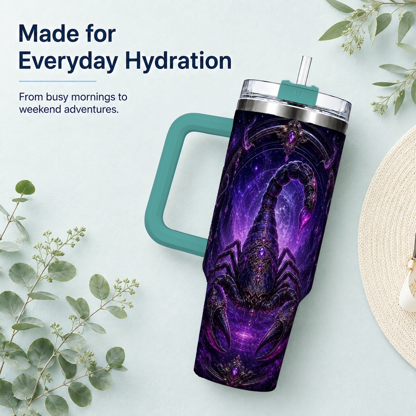 #pl[40oz|Green] Scorpio Zodiac 40oz Tumbler with Handle, Purple Celestial Scorpion