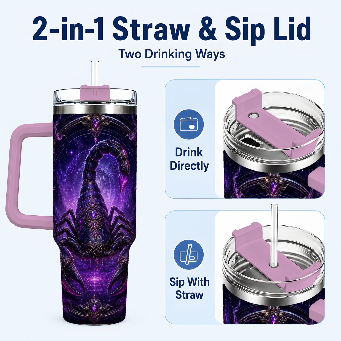 #pl[40oz|Pink] Scorpio Zodiac 40oz Tumbler with Handle, Purple Celestial Scorpion