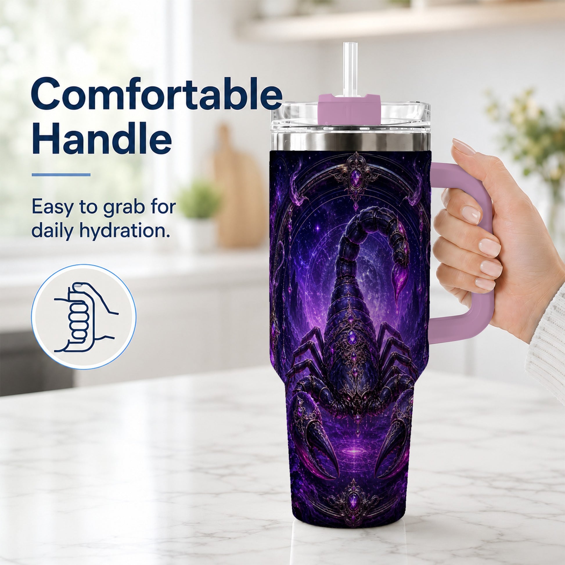 #pl[40oz|Pink] Scorpio Zodiac 40oz Tumbler with Handle, Purple Celestial Scorpion
