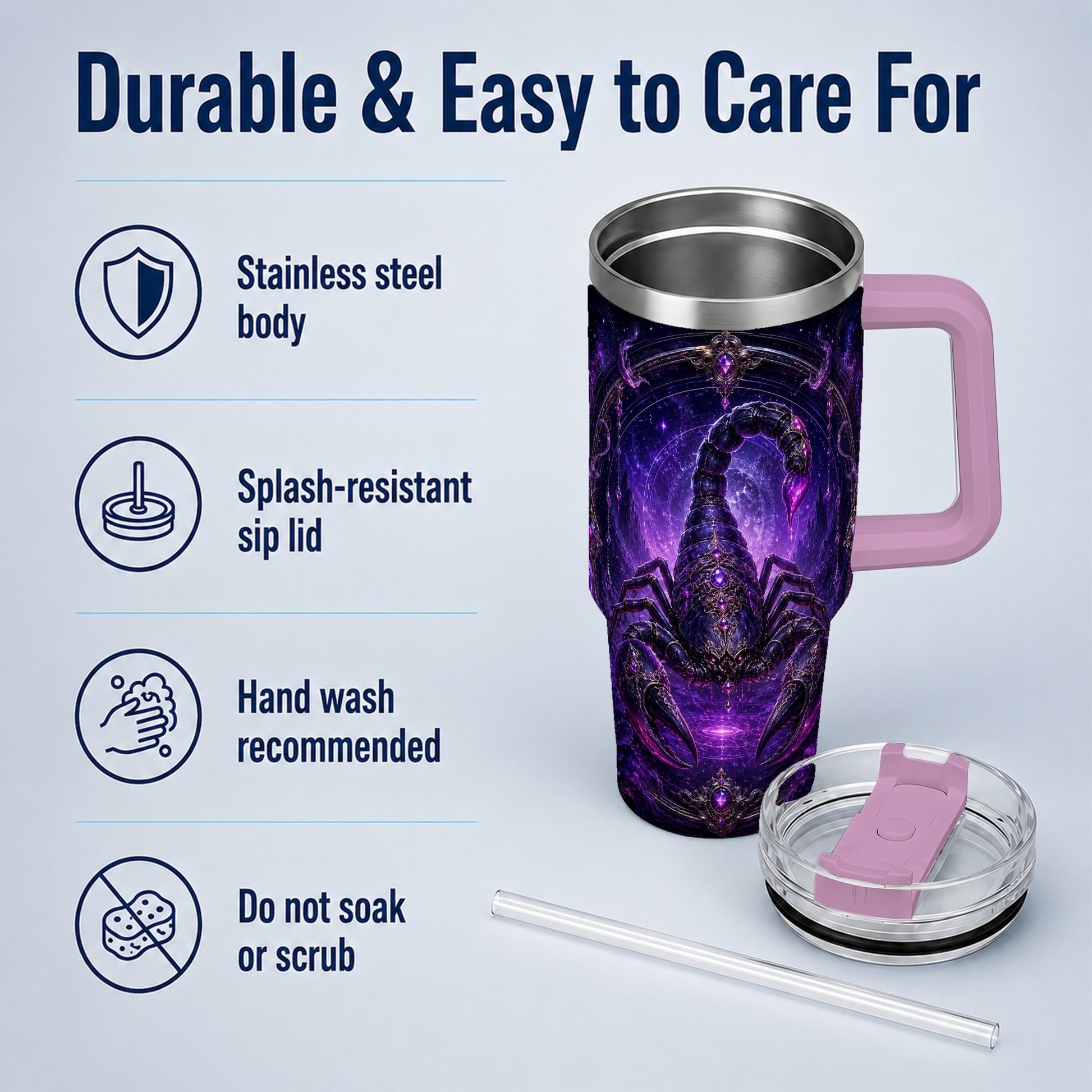 #pl[40oz|Pink] Scorpio Zodiac 40oz Tumbler with Handle, Purple Celestial Scorpion