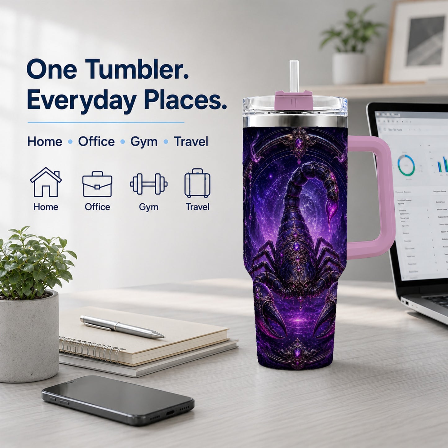 #pl[40oz|Pink] Scorpio Zodiac 40oz Tumbler with Handle, Purple Celestial Scorpion
