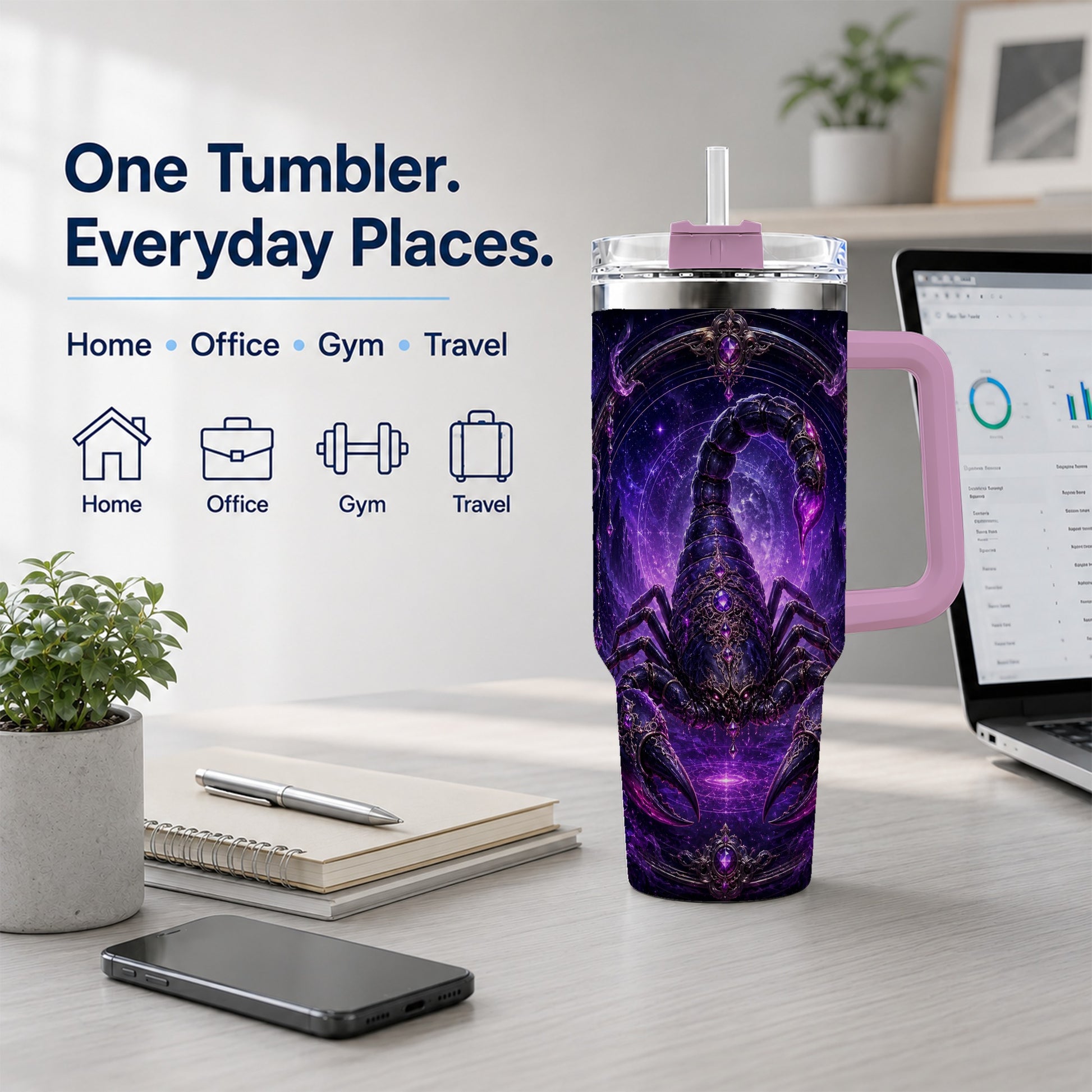 #pl[40oz|Pink] Scorpio Zodiac 40oz Tumbler with Handle, Purple Celestial Scorpion
