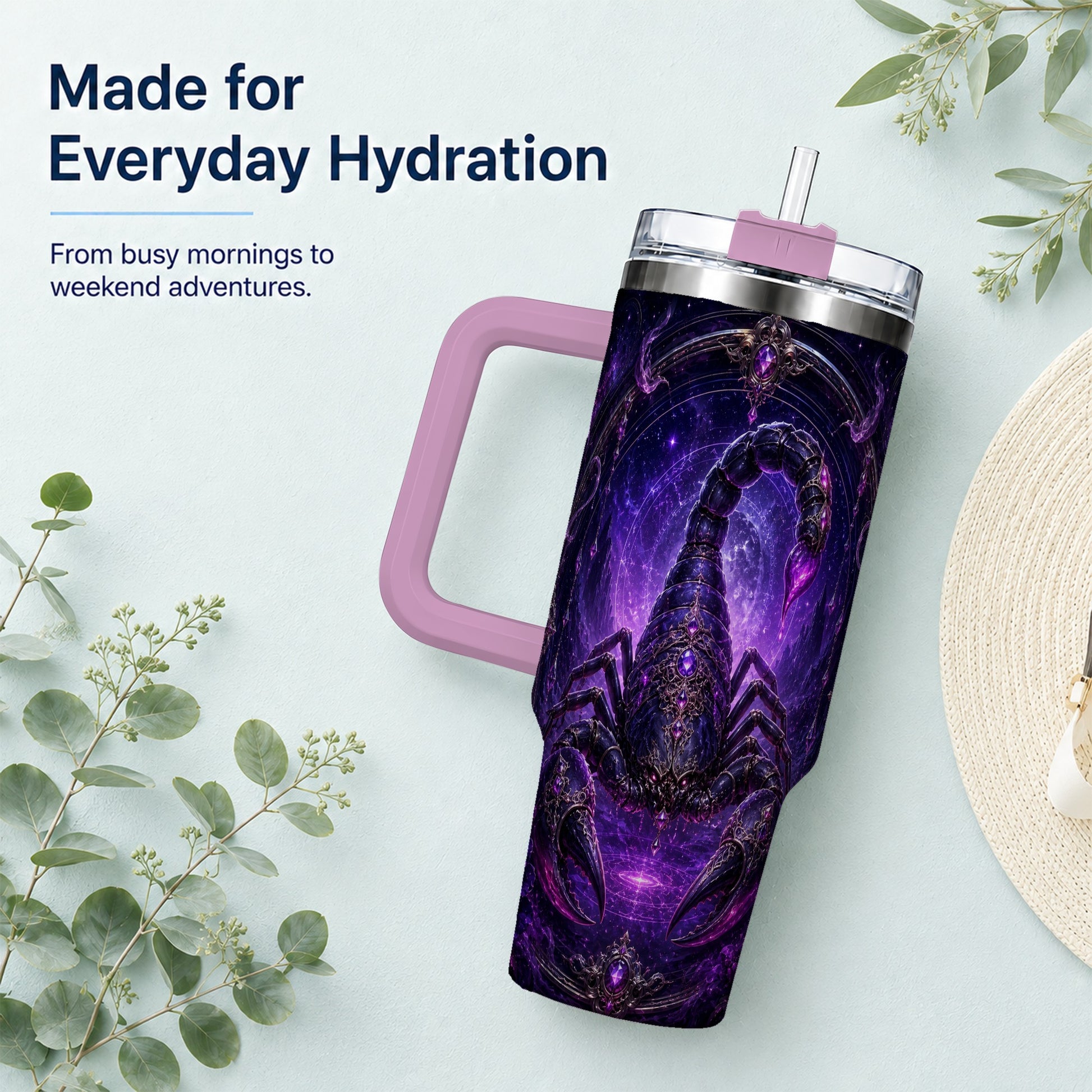#pl[40oz|Pink] Scorpio Zodiac 40oz Tumbler with Handle, Purple Celestial Scorpion