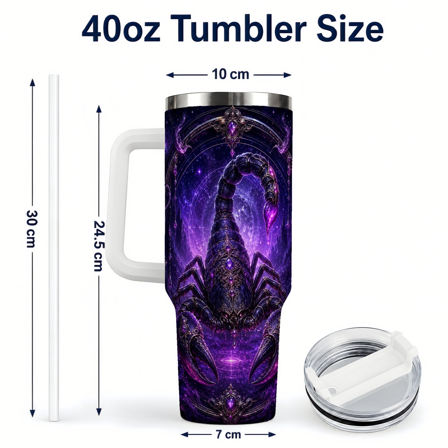 #pl[40oz|White] Scorpio Zodiac 40oz Tumbler with Handle, Purple Celestial Scorpion
