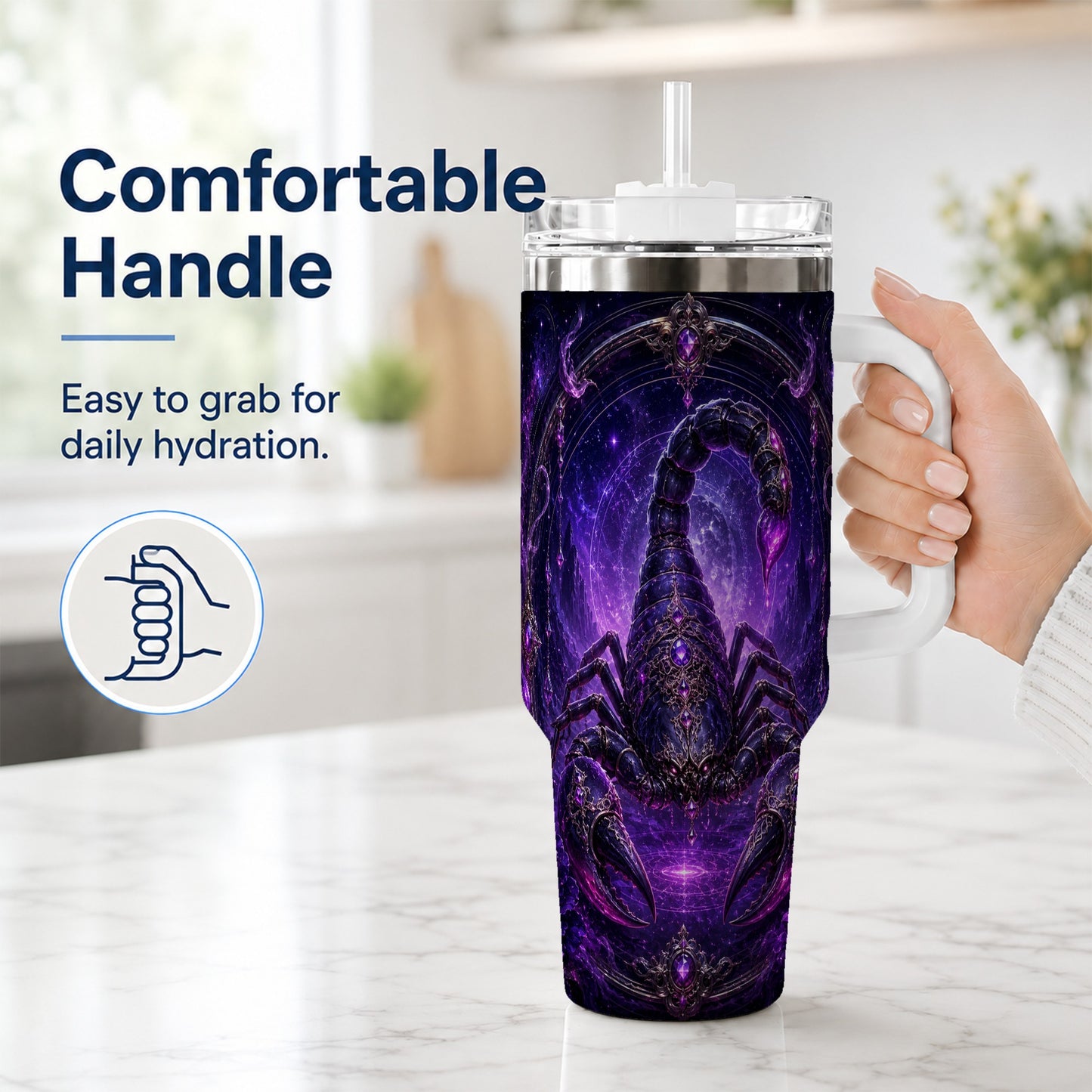 #pl[40oz|White] Scorpio Zodiac 40oz Tumbler with Handle, Purple Celestial Scorpion