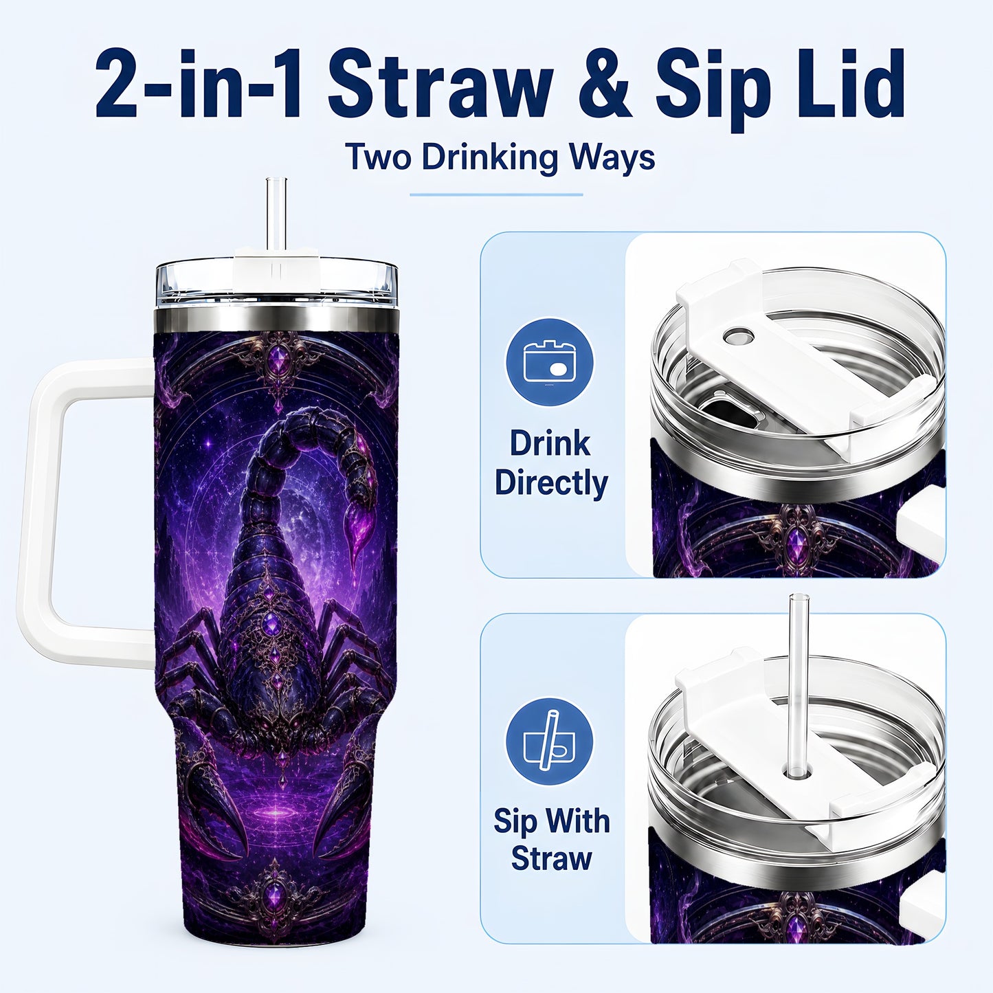 #pl[40oz|White] Scorpio Zodiac 40oz Tumbler with Handle, Purple Celestial Scorpion