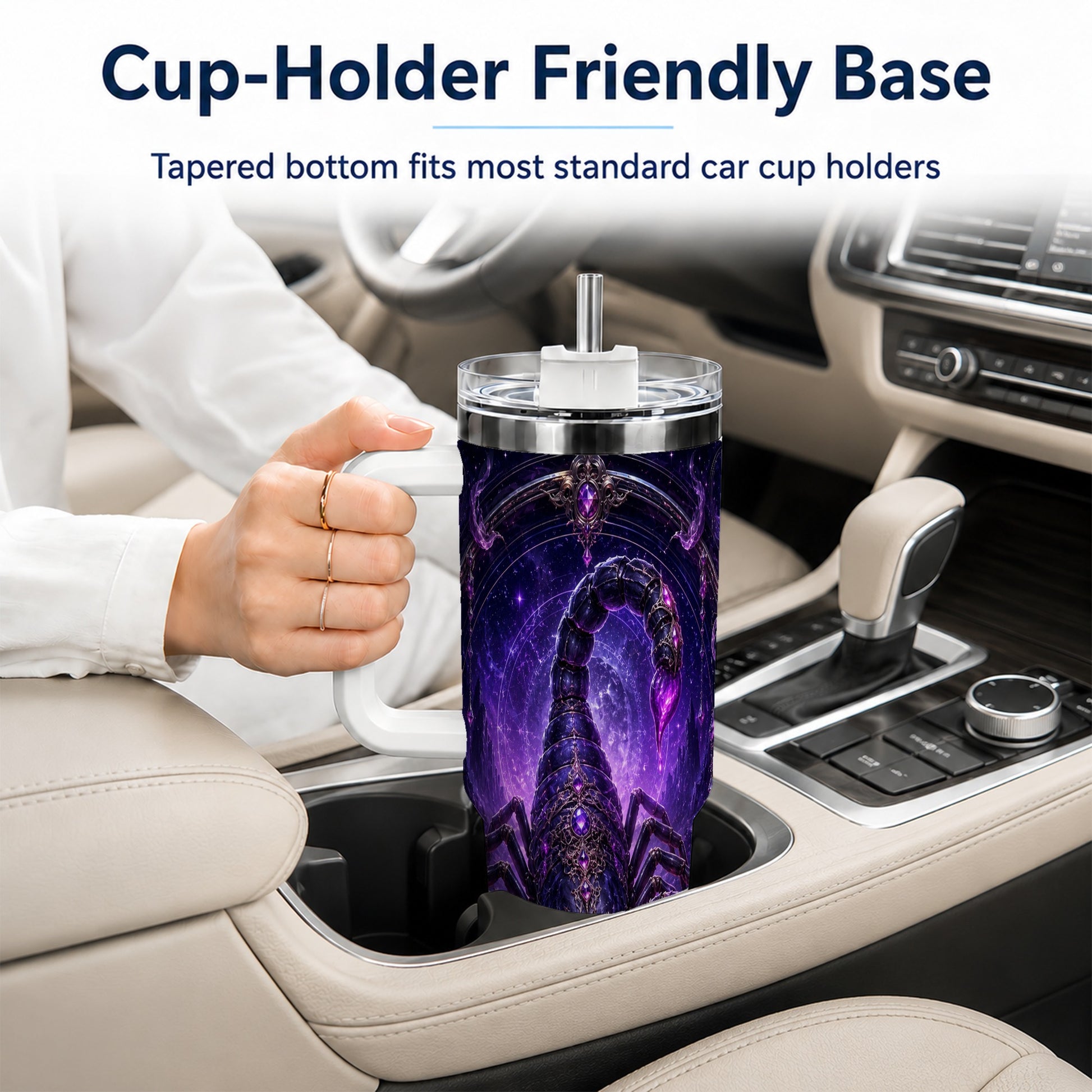 #pl[40oz|White] Scorpio Zodiac 40oz Tumbler with Handle, Purple Celestial Scorpion