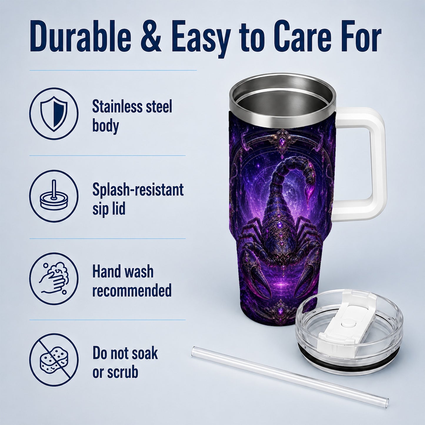 #pl[40oz|White] Scorpio Zodiac 40oz Tumbler with Handle, Purple Celestial Scorpion