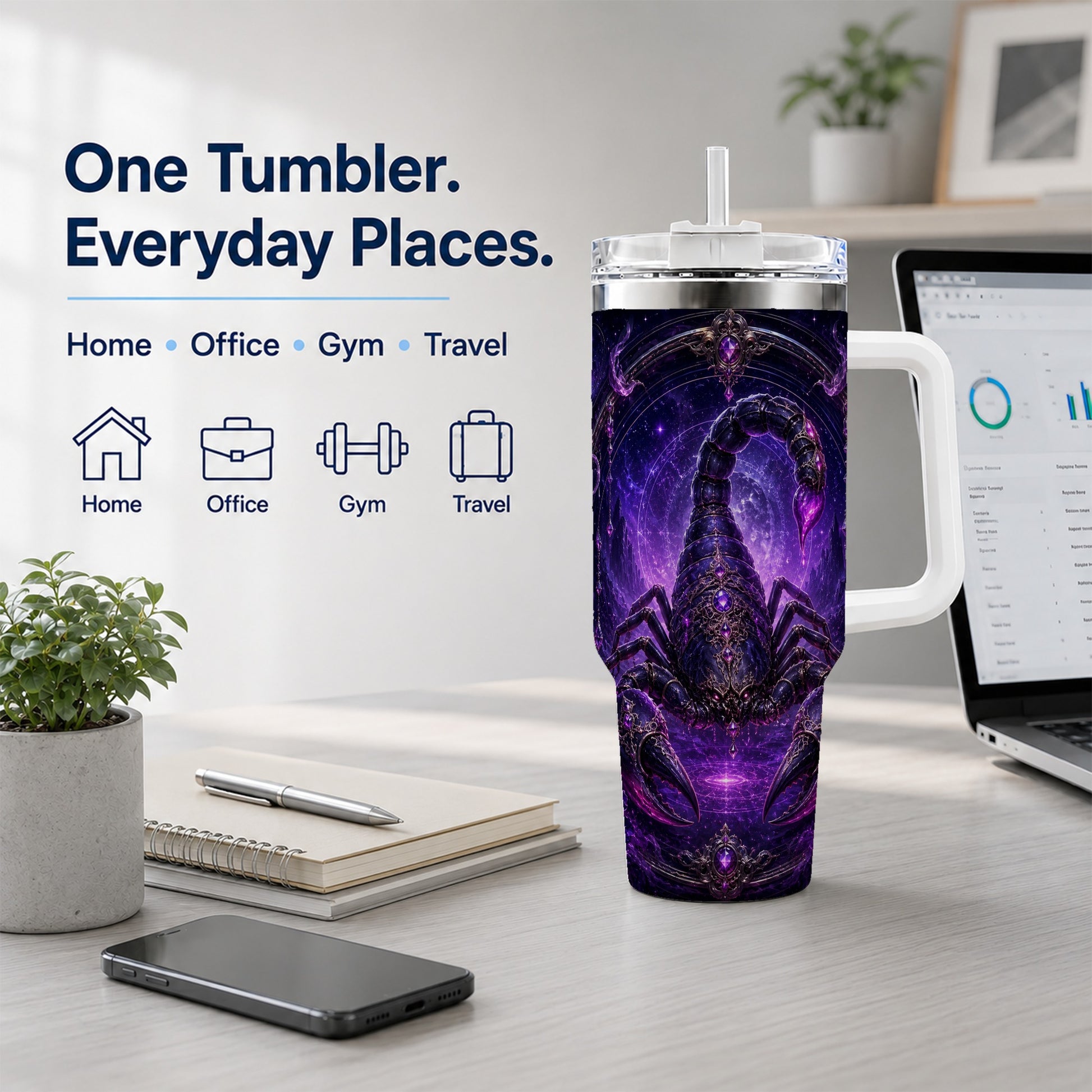 #pl[40oz|White] Scorpio Zodiac 40oz Tumbler with Handle, Purple Celestial Scorpion