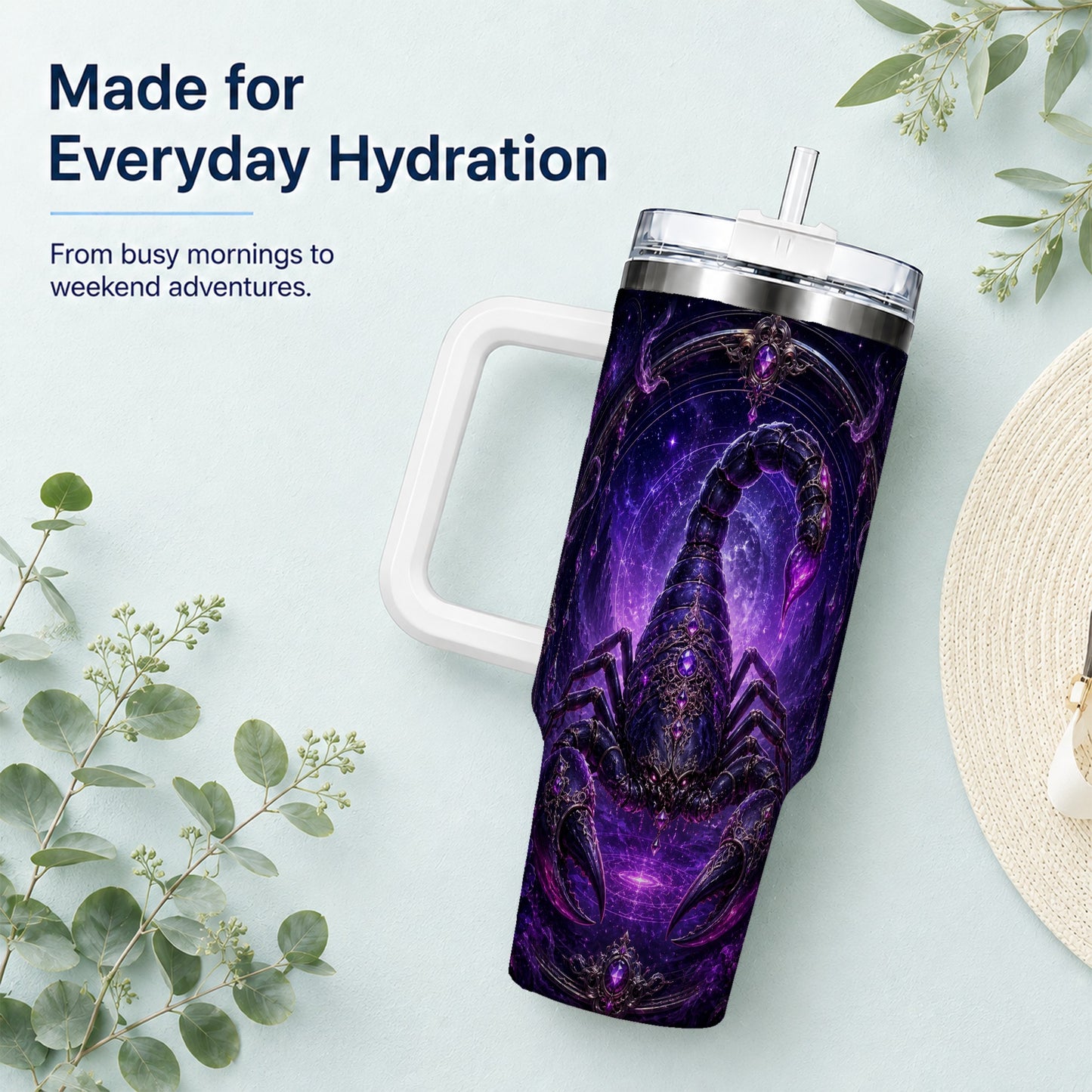 #pl[40oz|White] Scorpio Zodiac 40oz Tumbler with Handle, Purple Celestial Scorpion