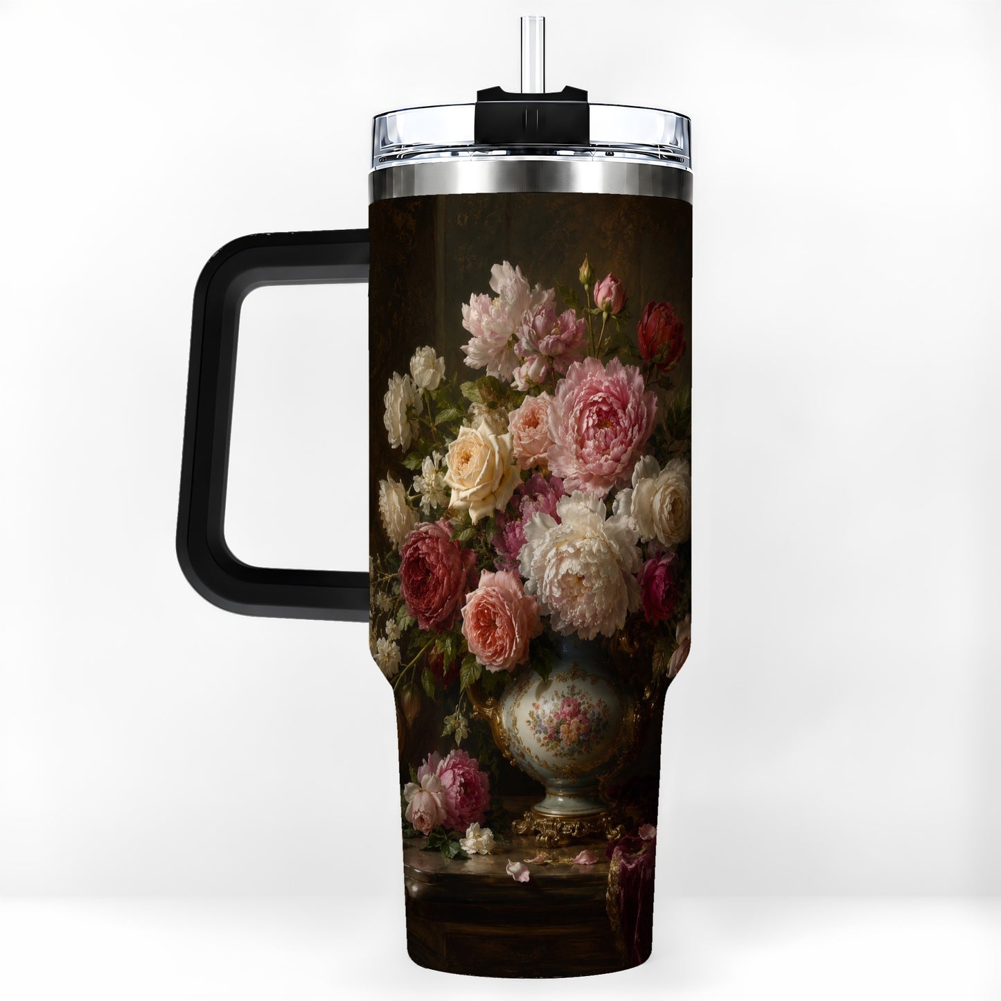 #pl[40oz|Black] Vintage Floral 40oz Tumbler with Handle, Romantic Rose Peony Art