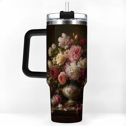 #pl[40oz|Black] Vintage Floral 40oz Tumbler with Handle, Romantic Rose Peony Art