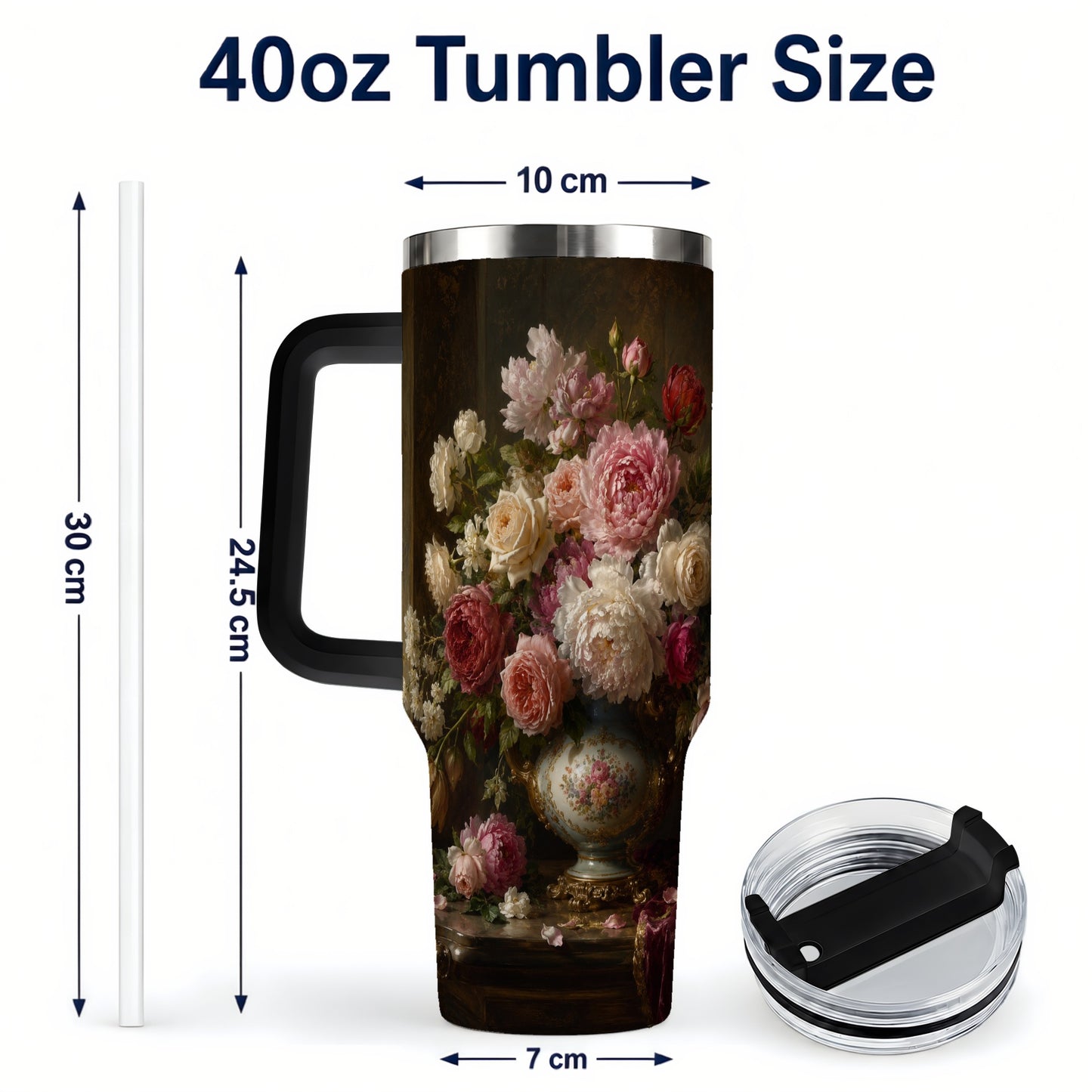 #pl[40oz|Black] Vintage Floral 40oz Tumbler with Handle, Romantic Rose Peony Art