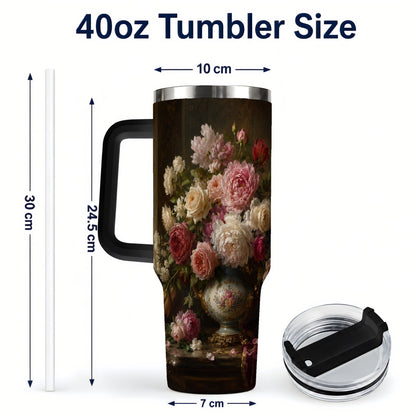 #pl[40oz|Black] Vintage Floral 40oz Tumbler with Handle, Romantic Rose Peony Art