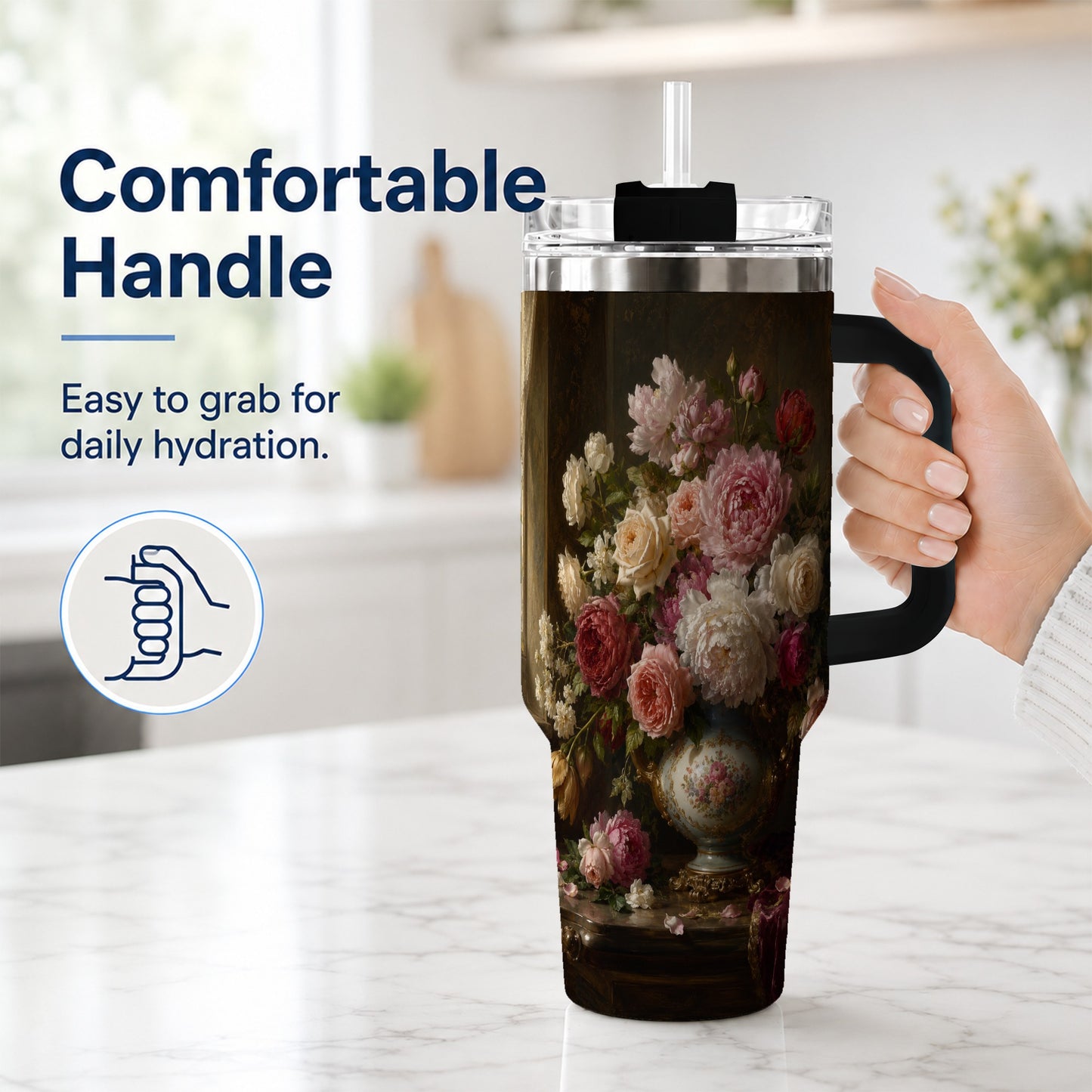 #pl[40oz|Black] Vintage Floral 40oz Tumbler with Handle, Romantic Rose Peony Art