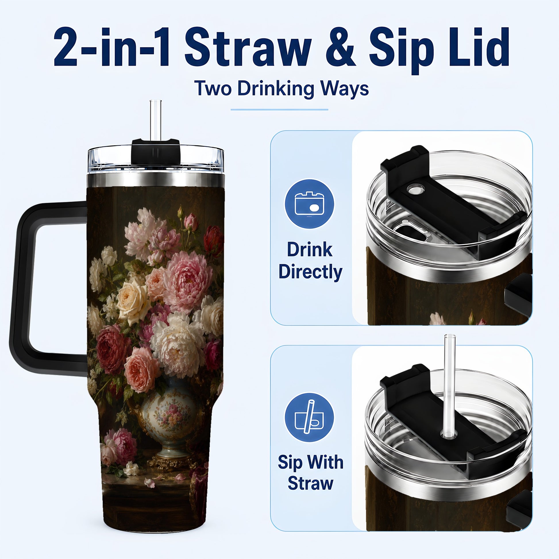 #pl[40oz|Black] Vintage Floral 40oz Tumbler with Handle, Romantic Rose Peony Art