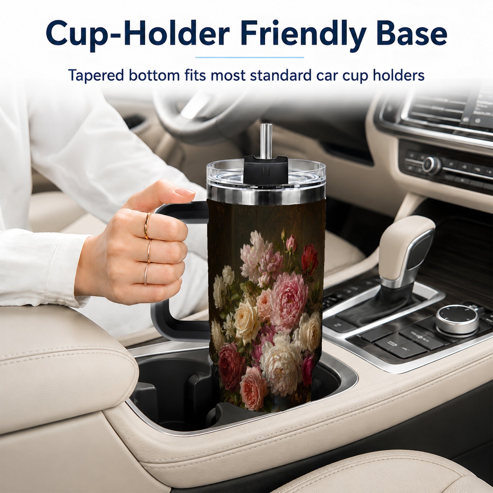 #pl[40oz|Black] Vintage Floral 40oz Tumbler with Handle, Romantic Rose Peony Art