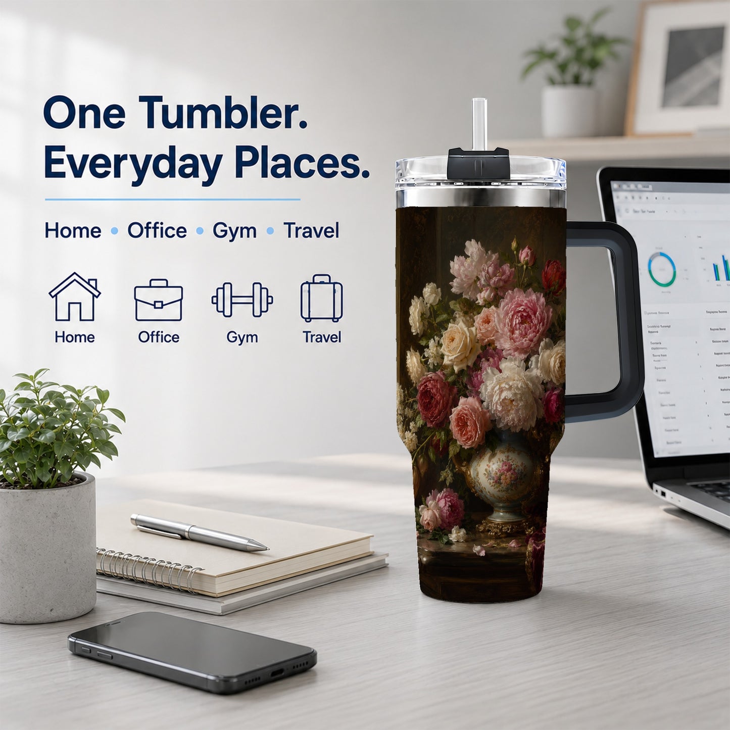 #pl[40oz|Black] Vintage Floral 40oz Tumbler with Handle, Romantic Rose Peony Art