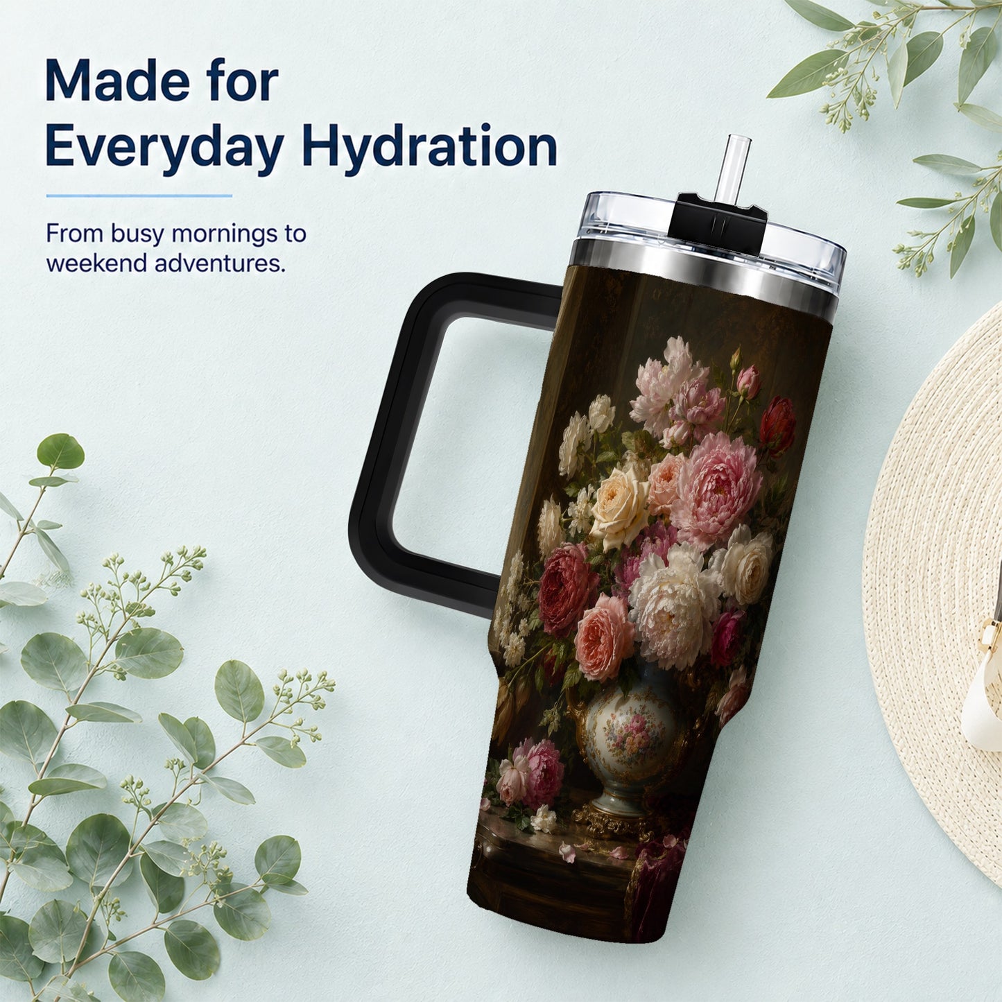 #pl[40oz|Black] Vintage Floral 40oz Tumbler with Handle, Romantic Rose Peony Art