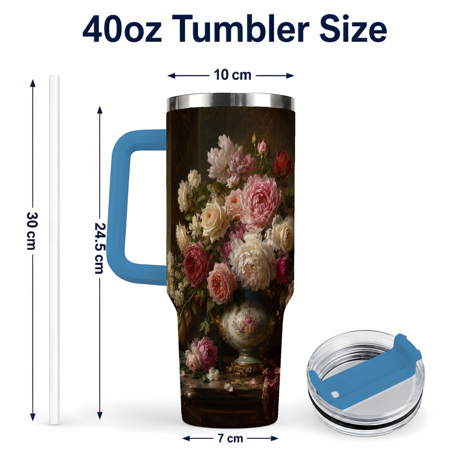 #pl[40oz|Blue] Vintage Floral 40oz Tumbler with Handle, Romantic Rose Peony Art