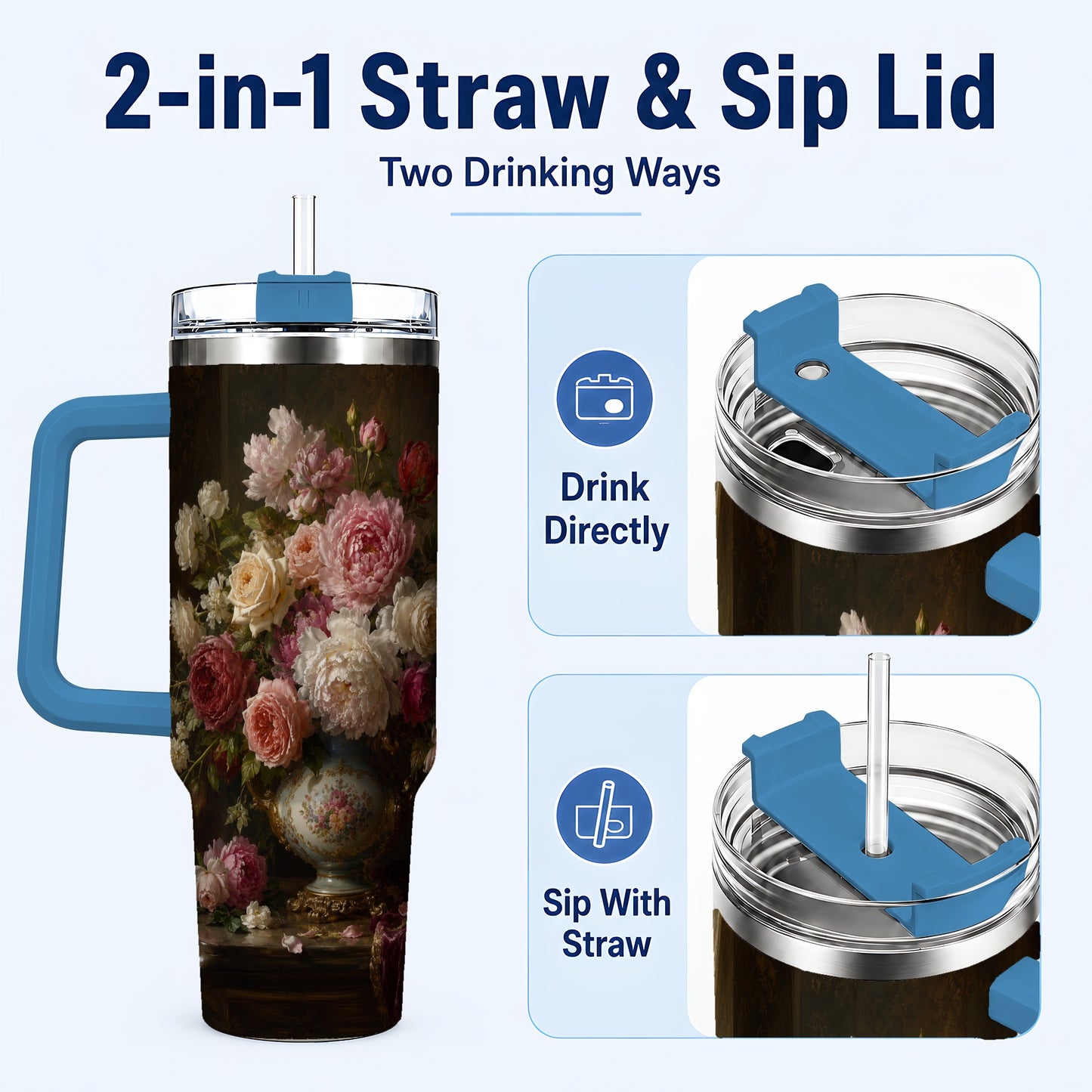 #pl[40oz|Blue] Vintage Floral 40oz Tumbler with Handle, Romantic Rose Peony Art