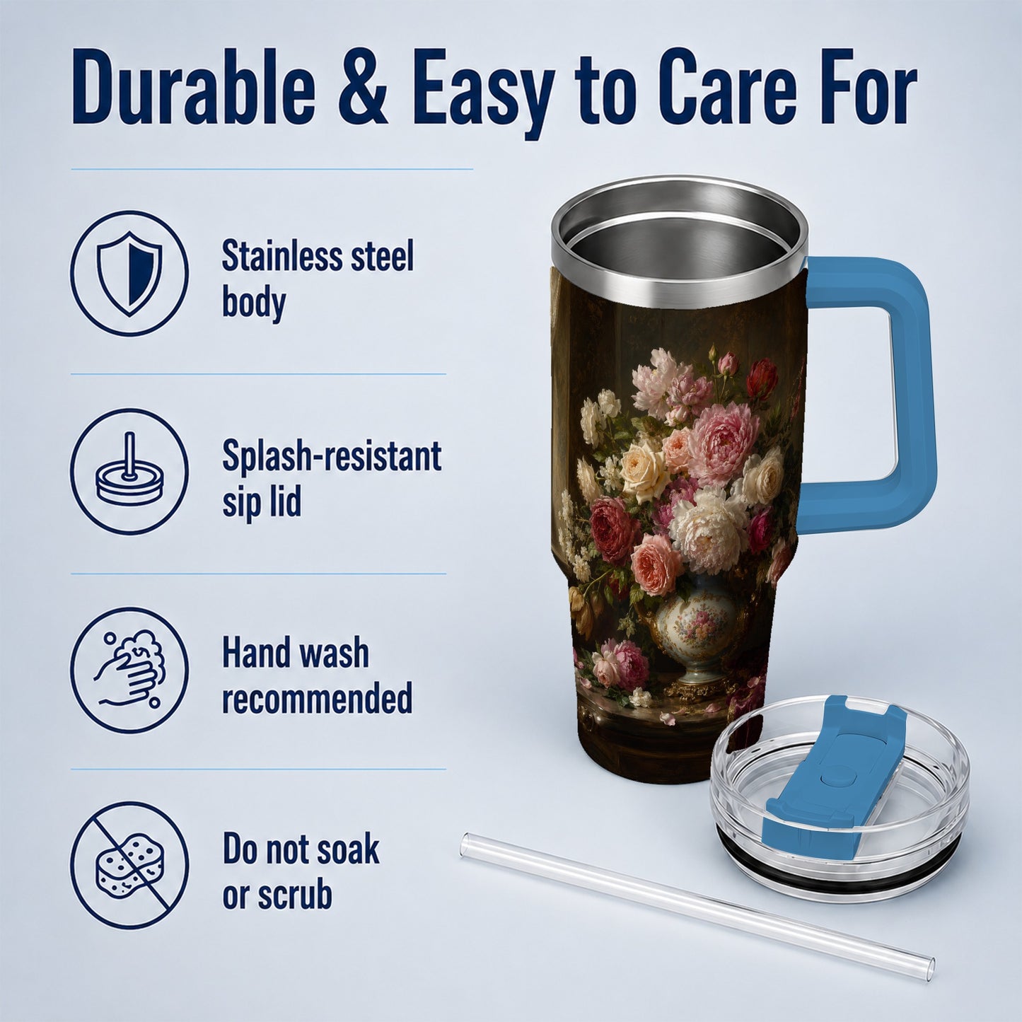 #pl[40oz|Blue] Vintage Floral 40oz Tumbler with Handle, Romantic Rose Peony Art