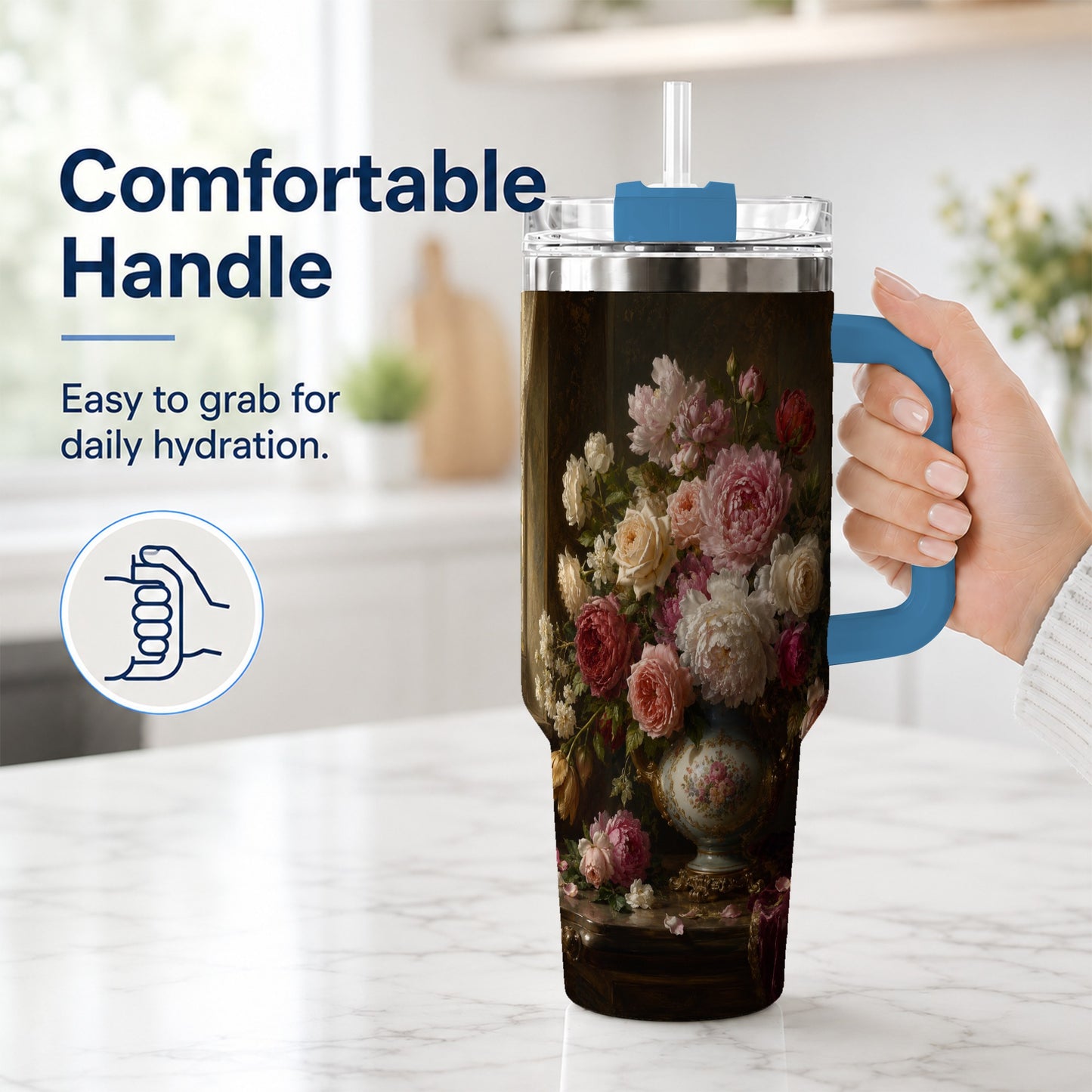#pl[40oz|Blue] Vintage Floral 40oz Tumbler with Handle, Romantic Rose Peony Art