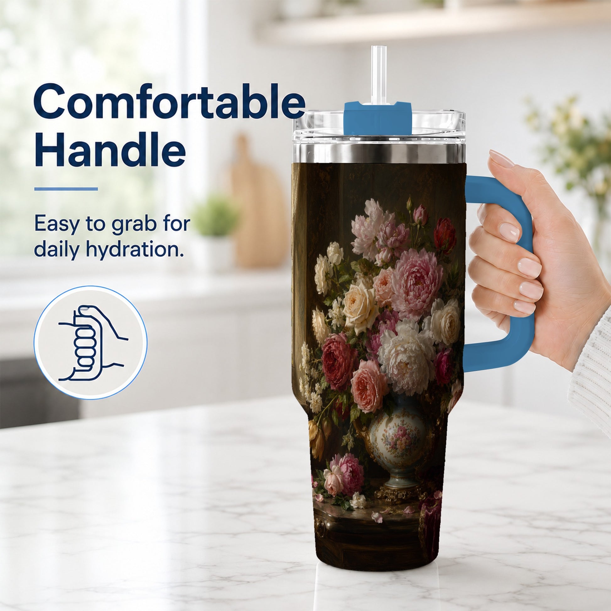 #pl[40oz|Blue] Vintage Floral 40oz Tumbler with Handle, Romantic Rose Peony Art