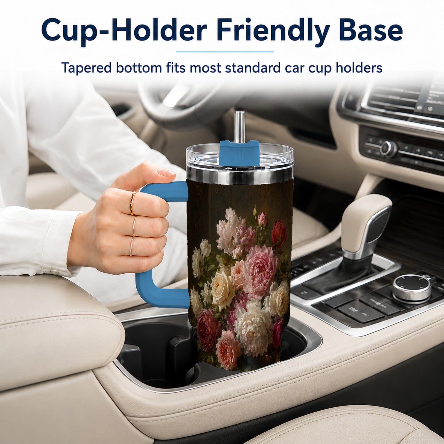 #pl[40oz|Blue] Vintage Floral 40oz Tumbler with Handle, Romantic Rose Peony Art