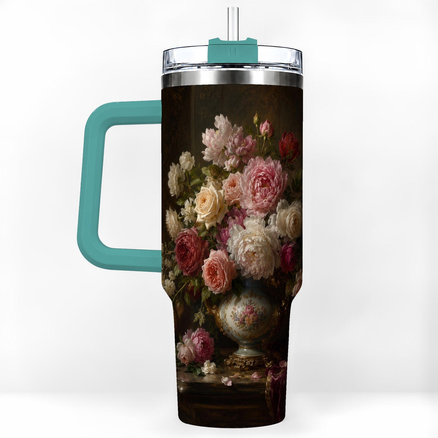 #pl[40oz|Green] Vintage Floral 40oz Tumbler with Handle, Romantic Rose Peony Art