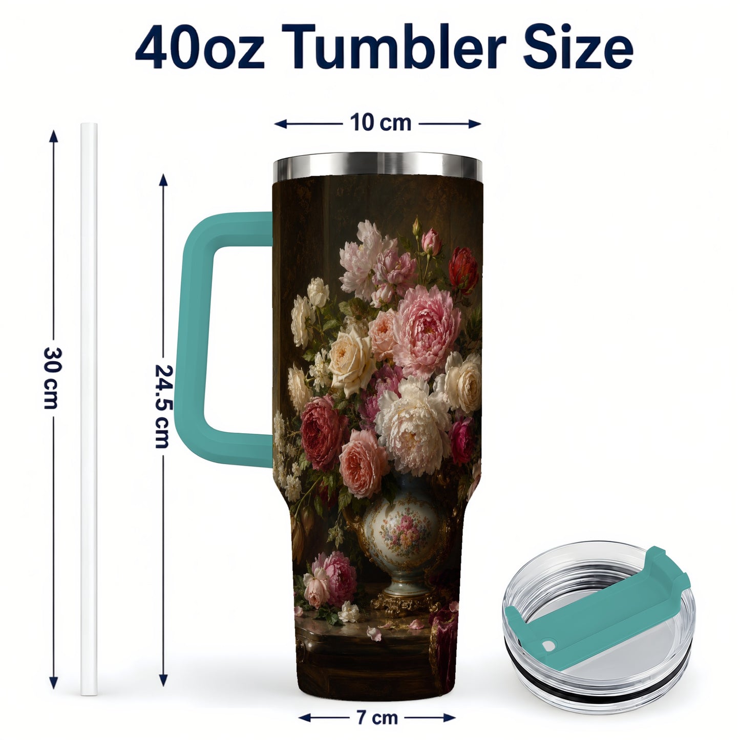 #pl[40oz|Green] Vintage Floral 40oz Tumbler with Handle, Romantic Rose Peony Art