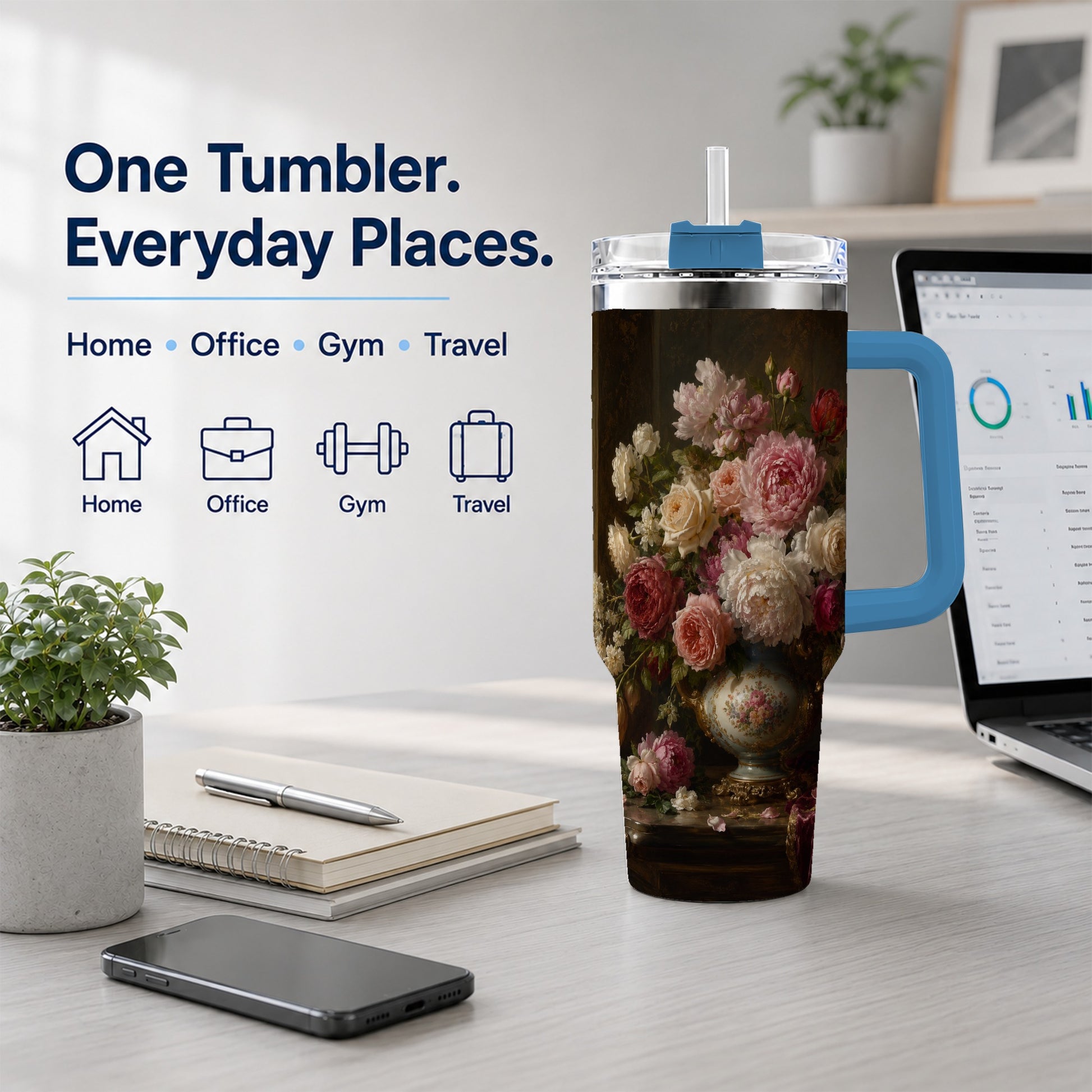 #pl[40oz|Blue] Vintage Floral 40oz Tumbler with Handle, Romantic Rose Peony Art
