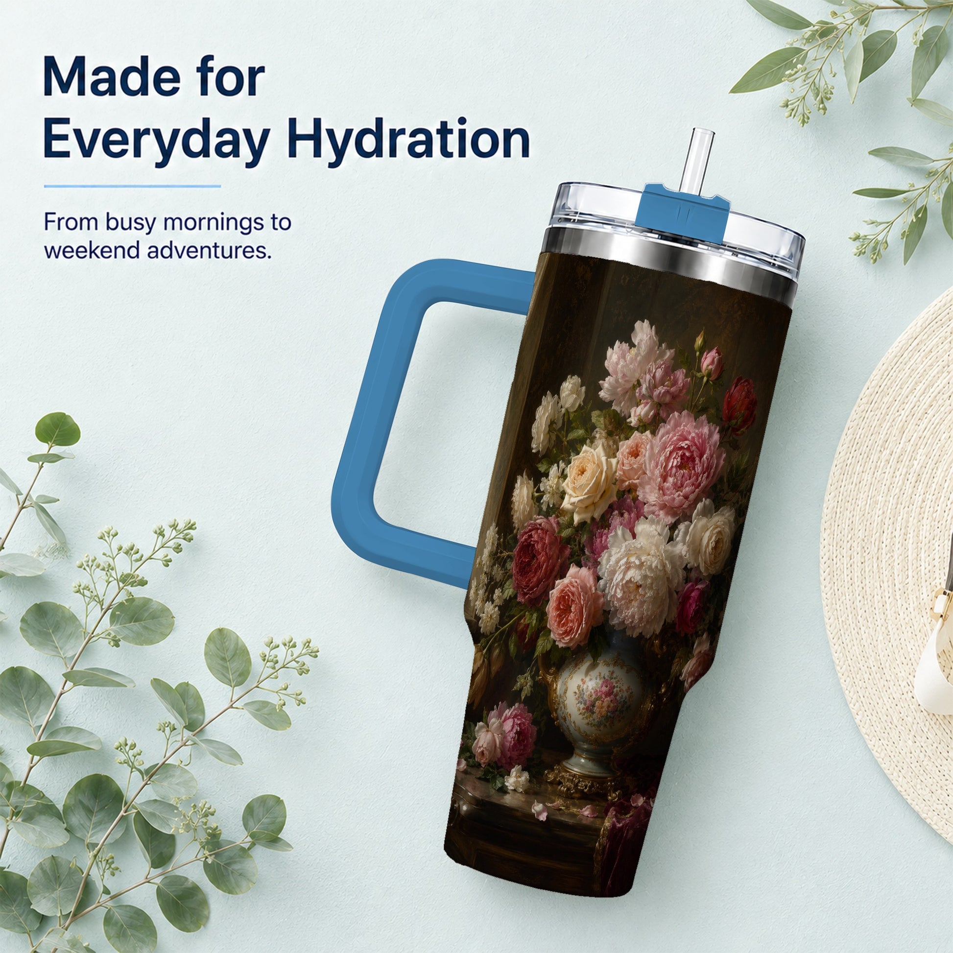 #pl[40oz|Blue] Vintage Floral 40oz Tumbler with Handle, Romantic Rose Peony Art