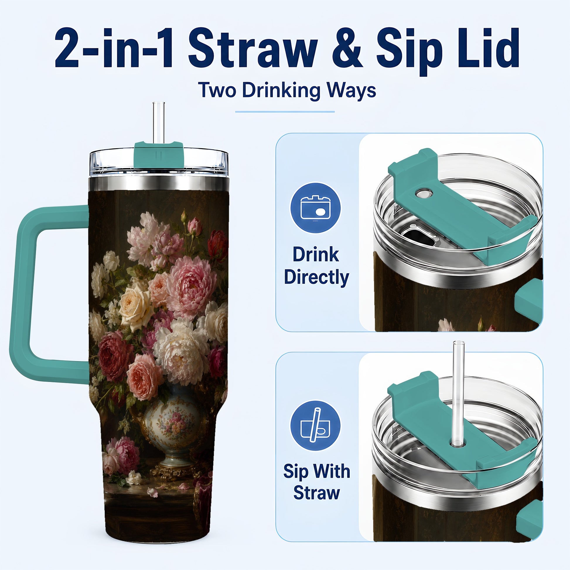 #pl[40oz|Green] Vintage Floral 40oz Tumbler with Handle, Romantic Rose Peony Art