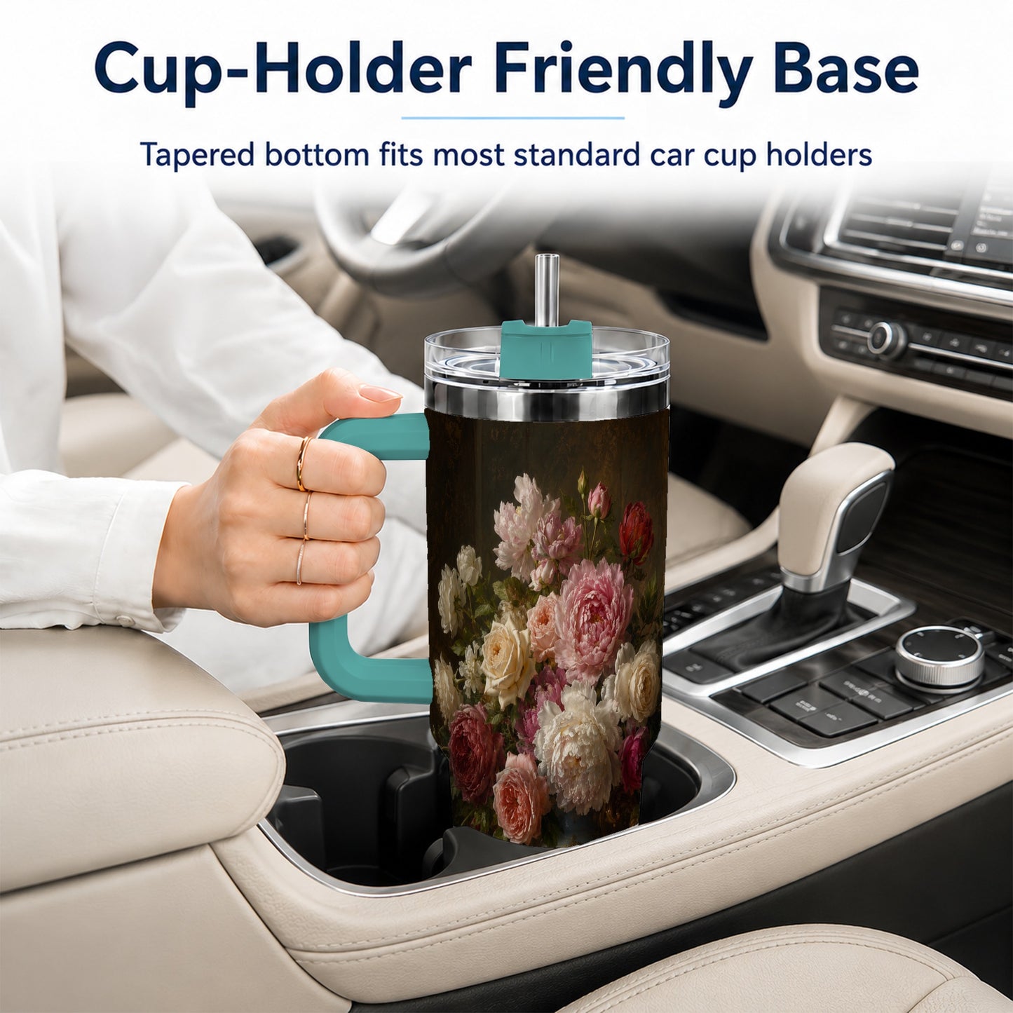#pl[40oz|Green] Vintage Floral 40oz Tumbler with Handle, Romantic Rose Peony Art