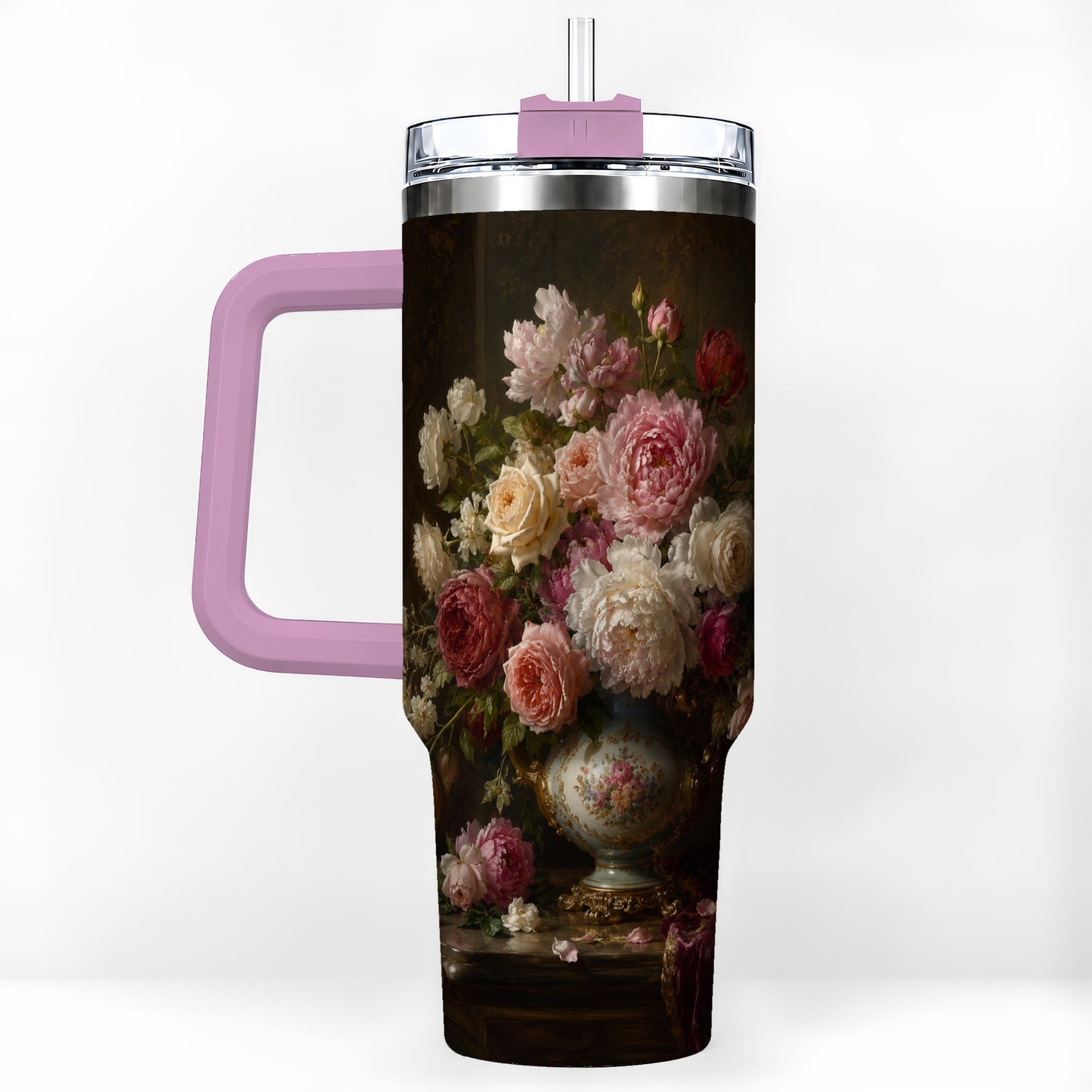 #pl[40oz|Pink] Vintage Floral 40oz Tumbler with Handle, Romantic Rose Peony Art