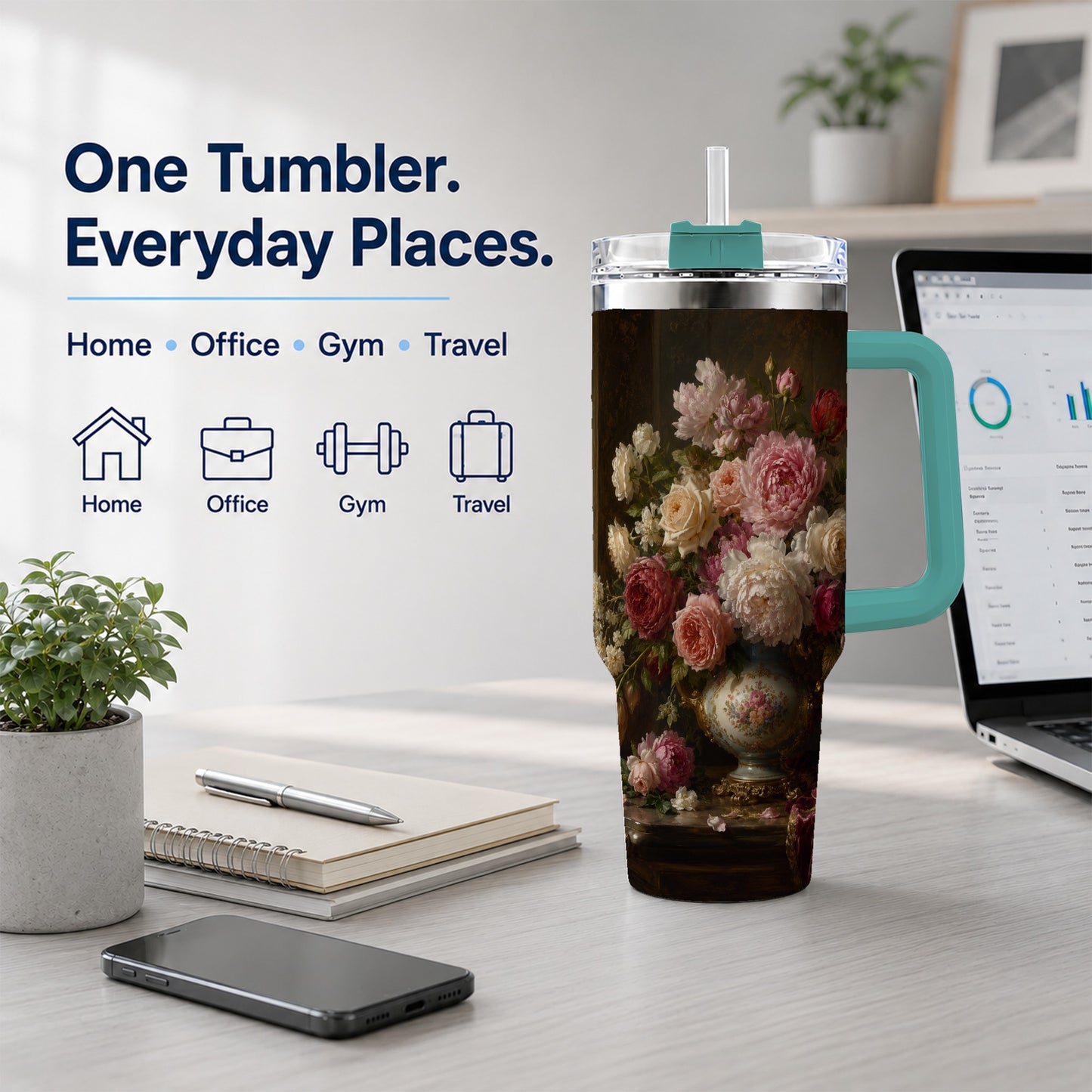 #pl[40oz|Green] Vintage Floral 40oz Tumbler with Handle, Romantic Rose Peony Art