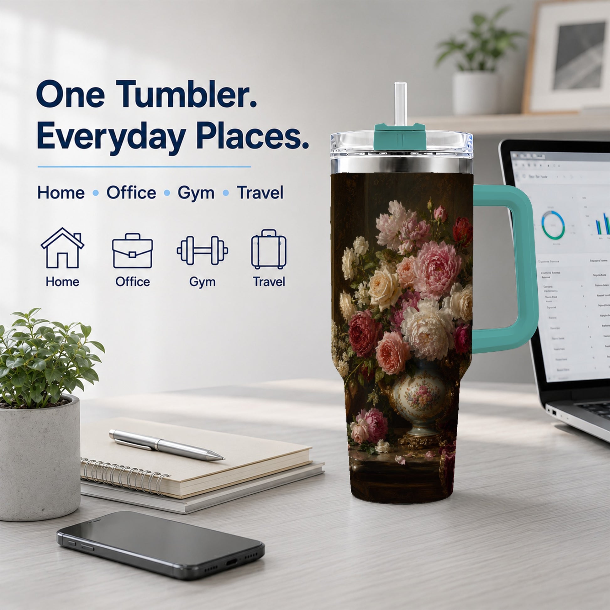 #pl[40oz|Green] Vintage Floral 40oz Tumbler with Handle, Romantic Rose Peony Art