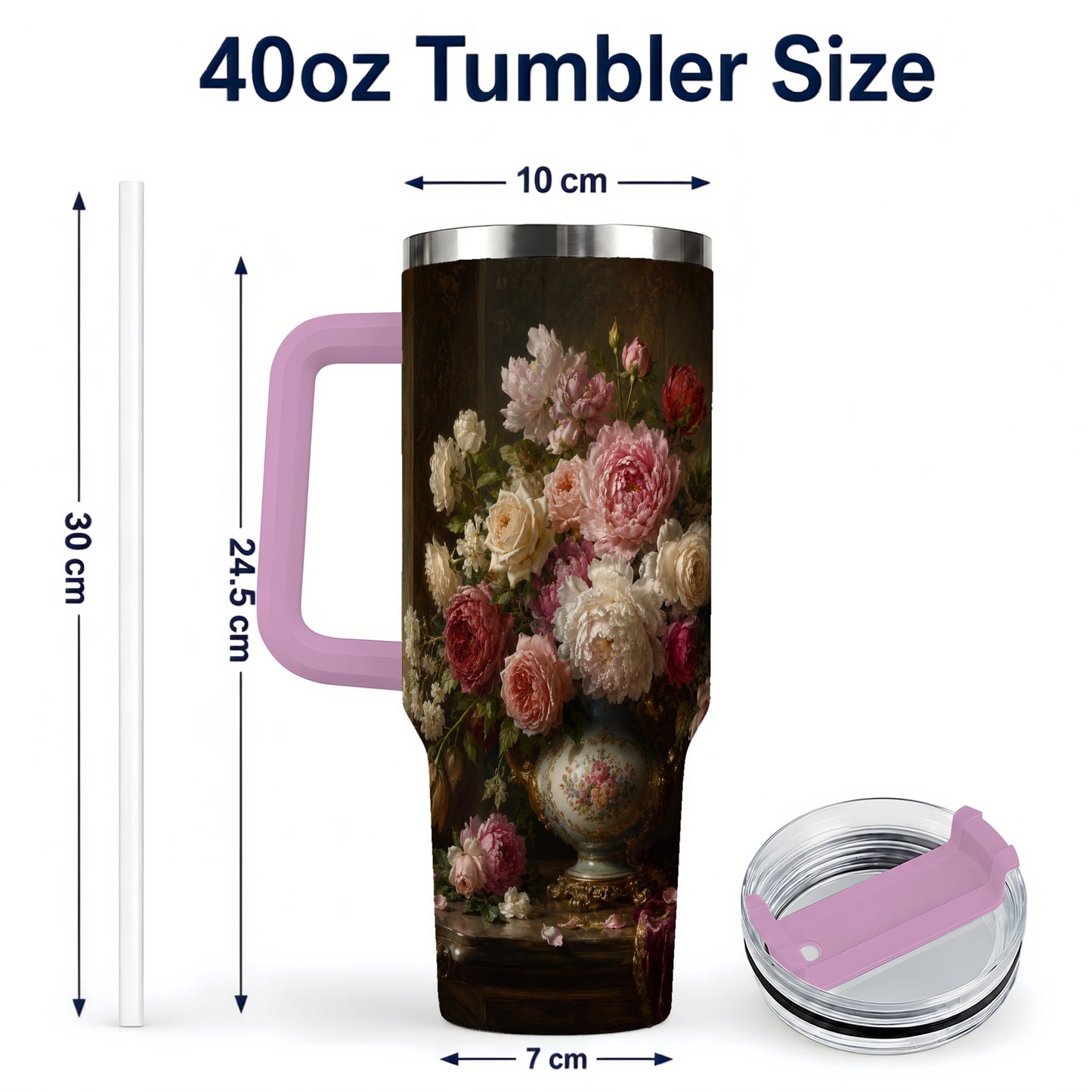 #pl[40oz|Pink] Vintage Floral 40oz Tumbler with Handle, Romantic Rose Peony Art