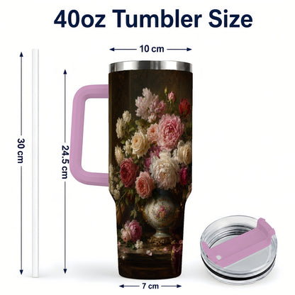 #pl[40oz|Pink] Vintage Floral 40oz Tumbler with Handle, Romantic Rose Peony Art