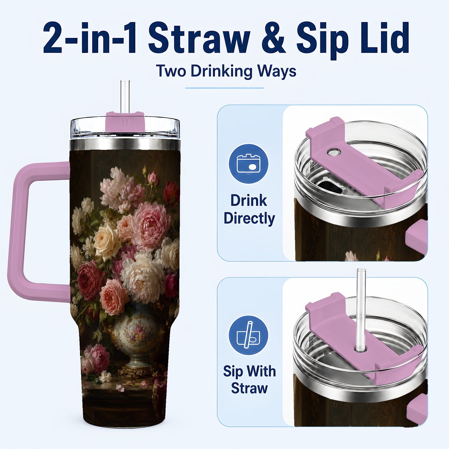 #pl[40oz|Pink] Vintage Floral 40oz Tumbler with Handle, Romantic Rose Peony Art