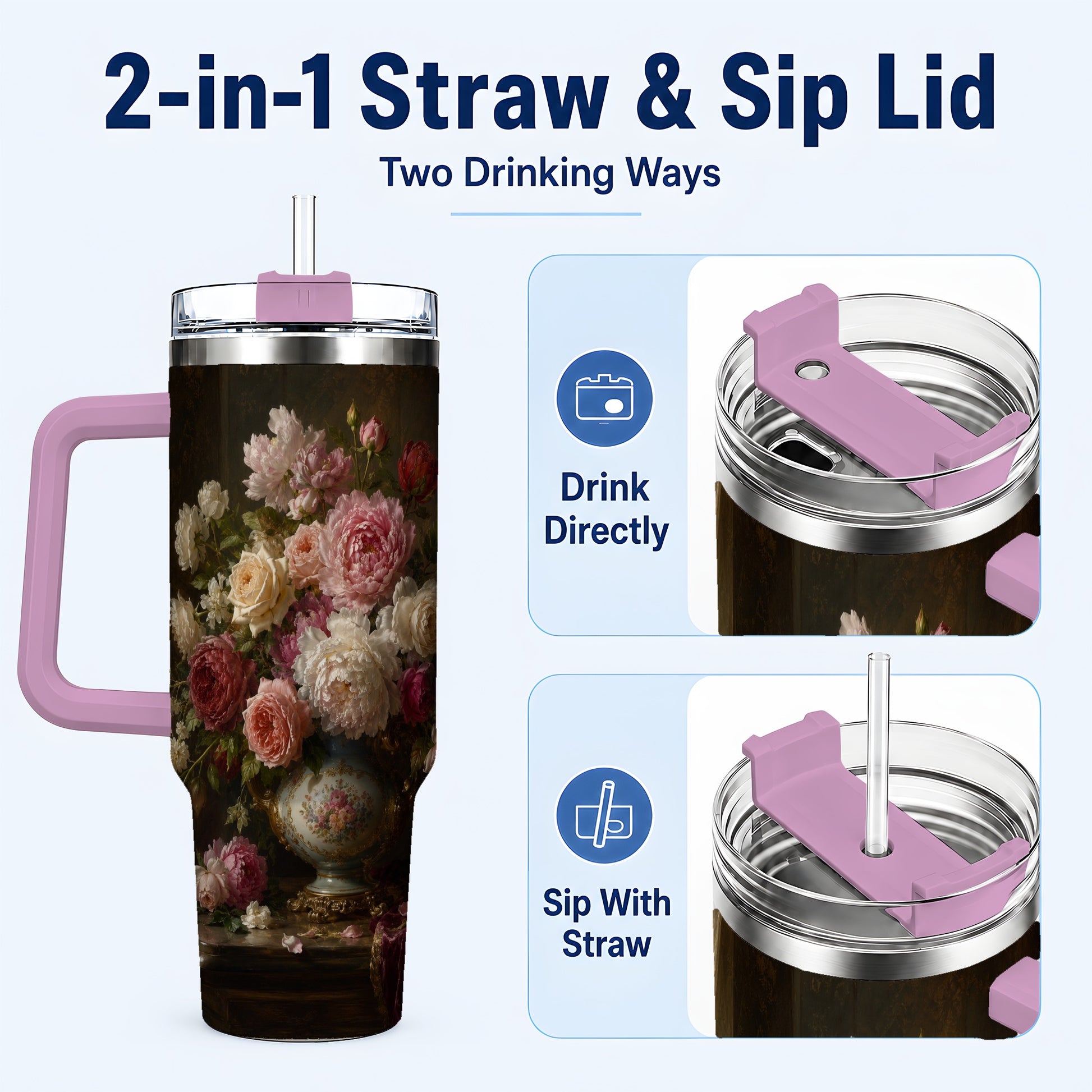 #pl[40oz|Pink] Vintage Floral 40oz Tumbler with Handle, Romantic Rose Peony Art