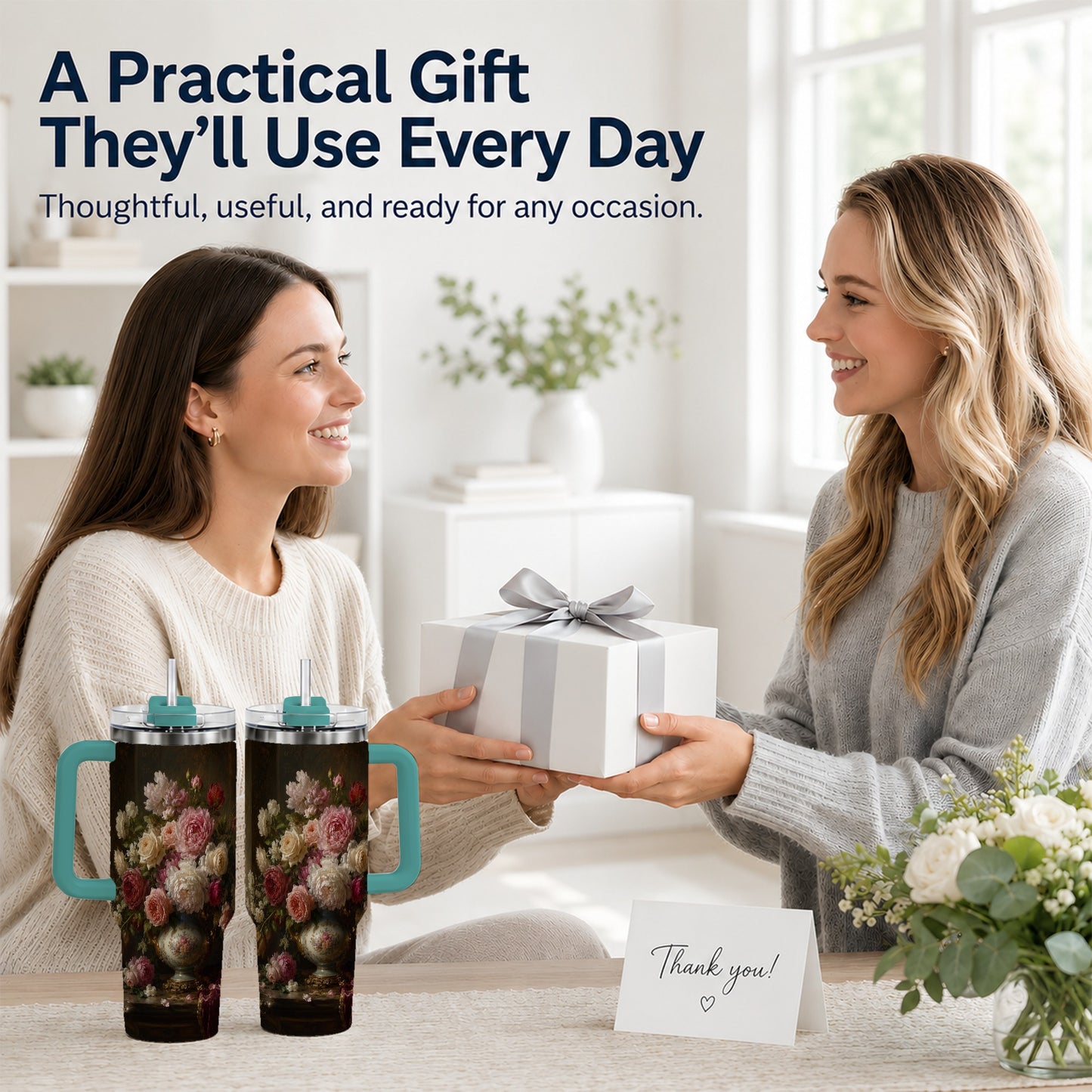 #pl[40oz|Green] Vintage Floral 40oz Tumbler with Handle, Romantic Rose Peony Art