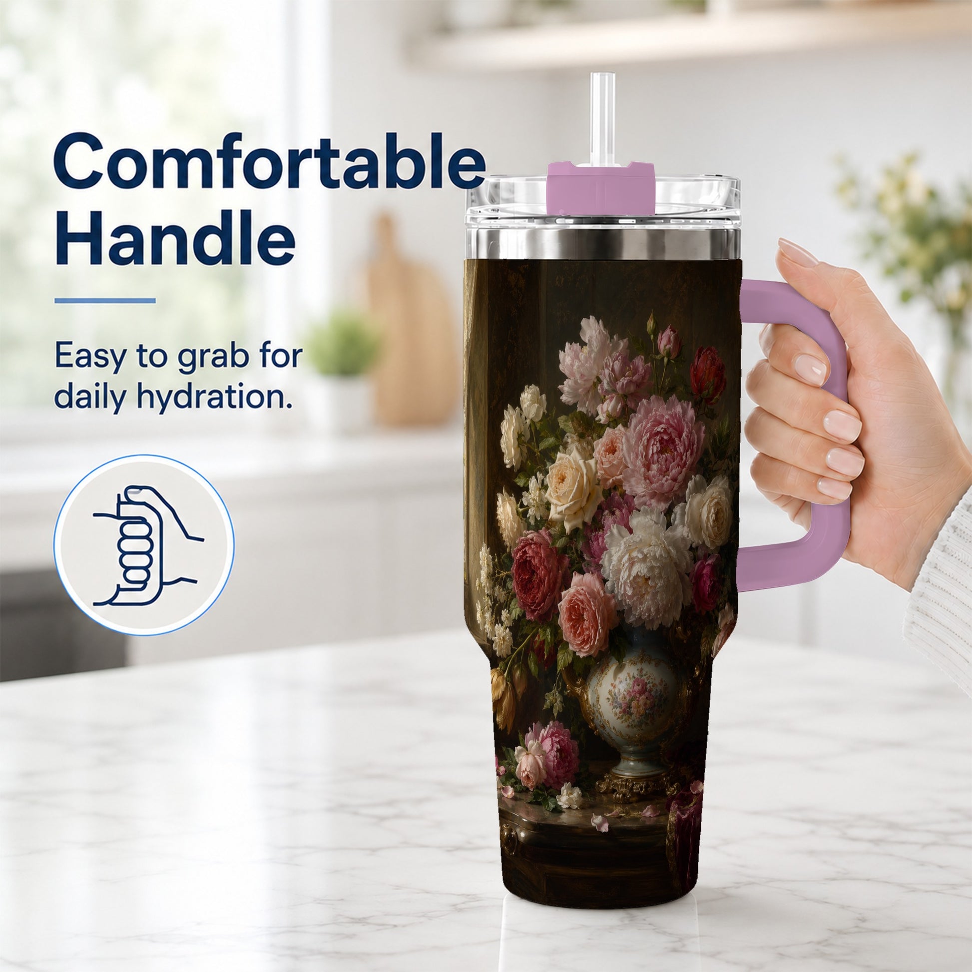 #pl[40oz|Pink] Vintage Floral 40oz Tumbler with Handle, Romantic Rose Peony Art