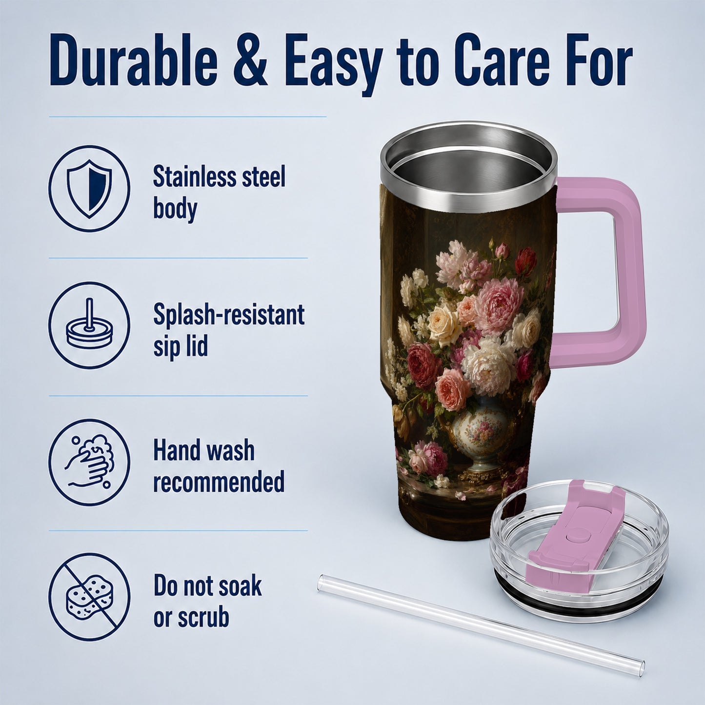 #pl[40oz|Pink] Vintage Floral 40oz Tumbler with Handle, Romantic Rose Peony Art